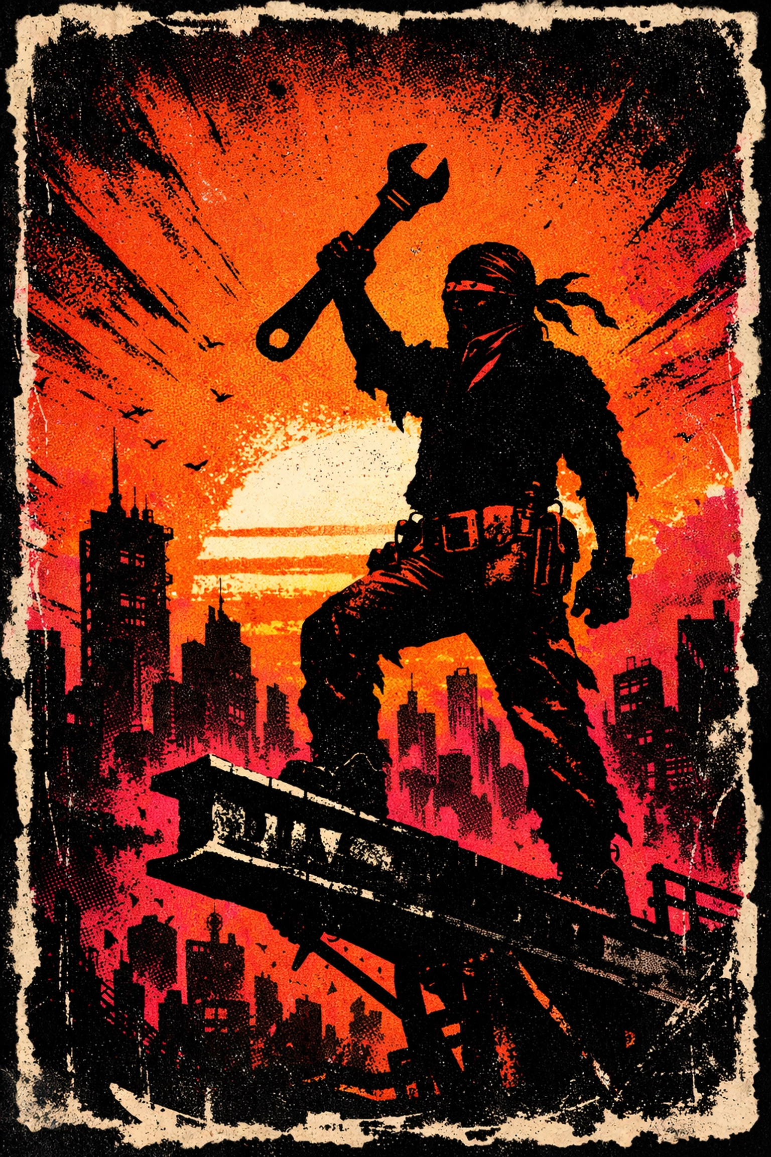 Latin American construction worker silhouette at sunrise, representing the strong immigrant work ethic.