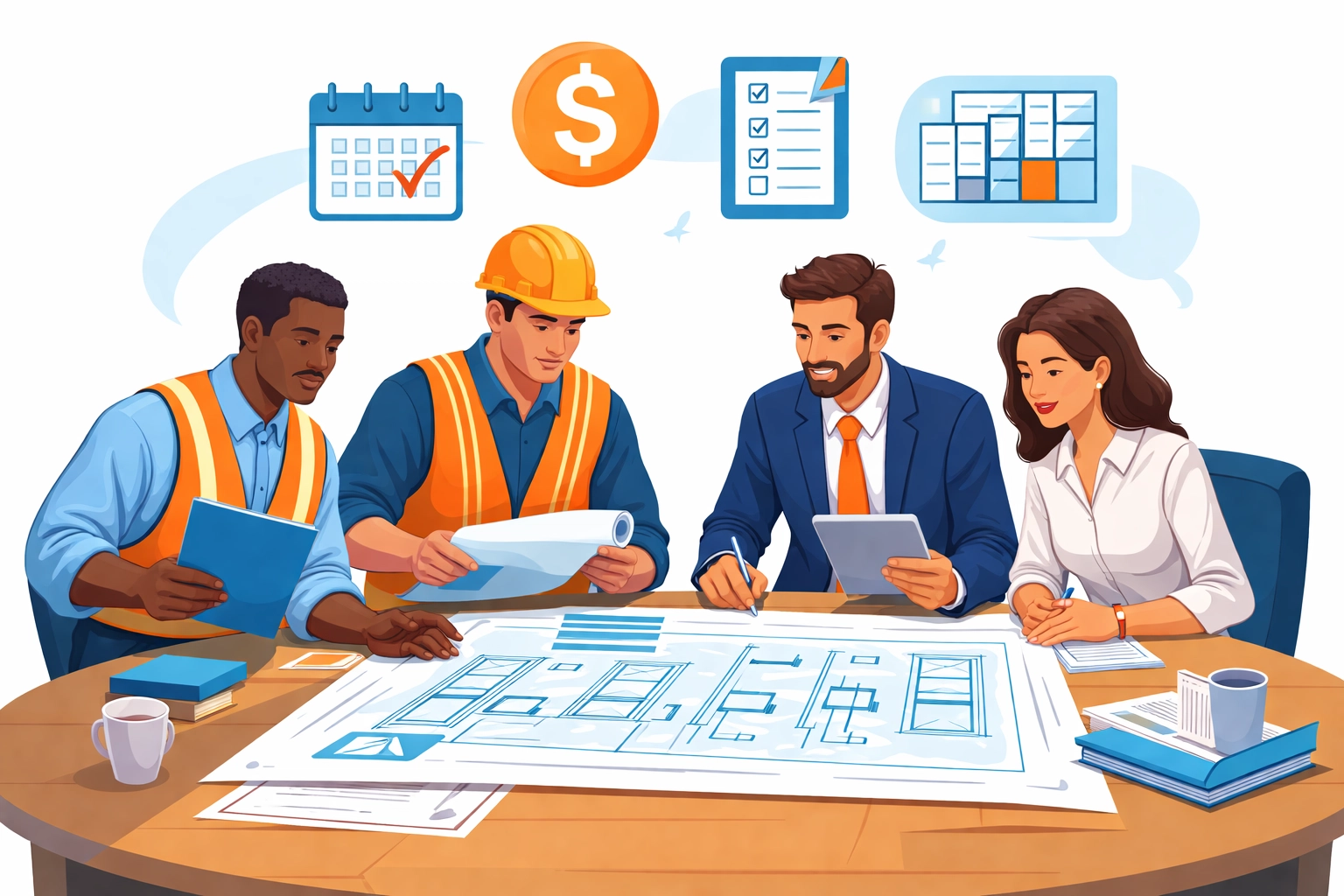 Team of professionals collaborating over HVAC plans, emphasizing early stakeholder involvement in commercial building upgrades.