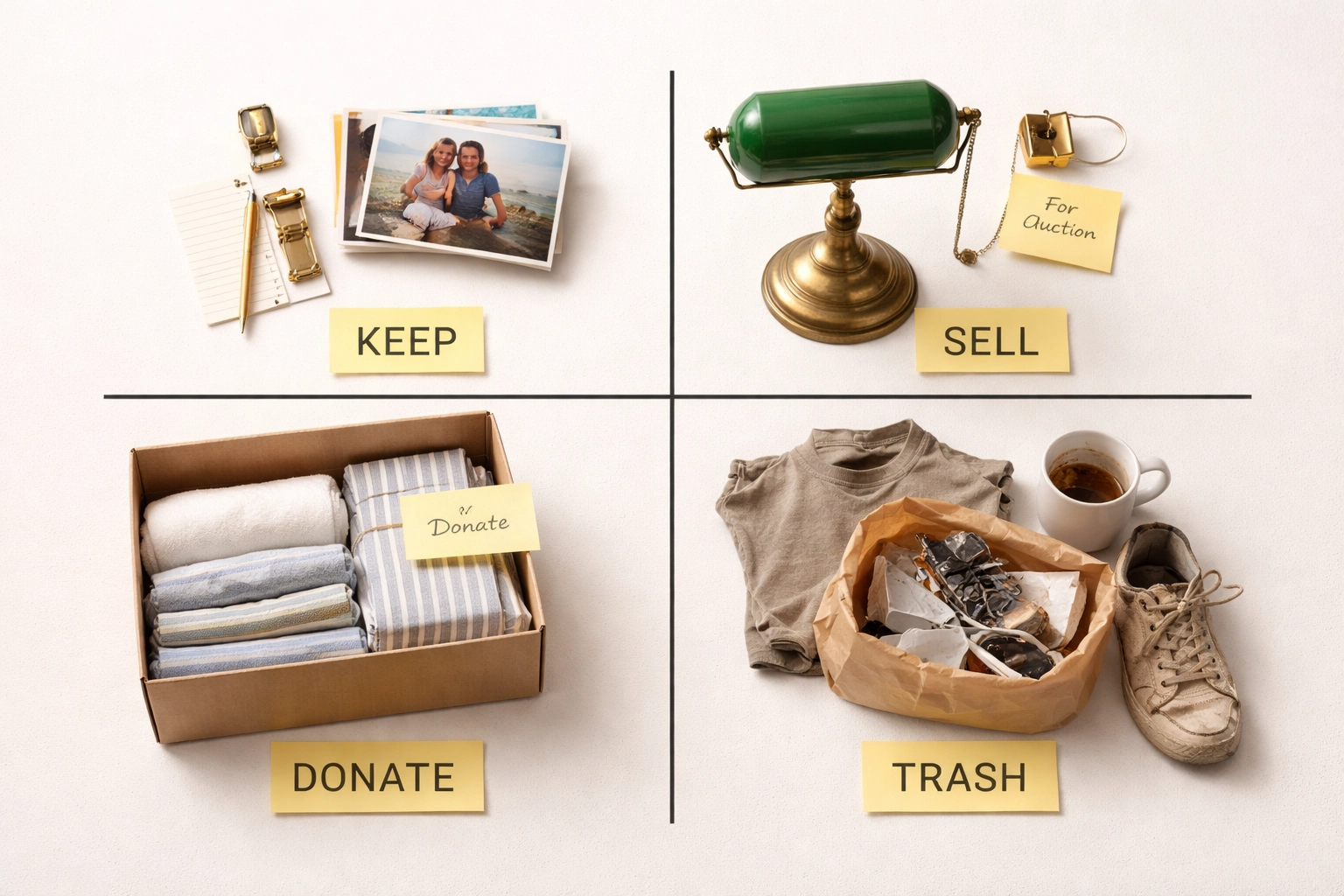 Organized table with sorting areas for auction, donation, and removal, illustrating the downsizing process in Powell.