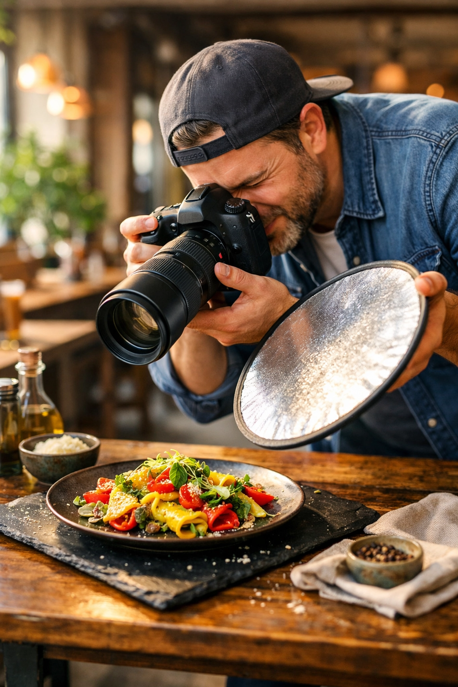 A professional food photographer capturing high-quality culinary images in a sunlit urban bistro.