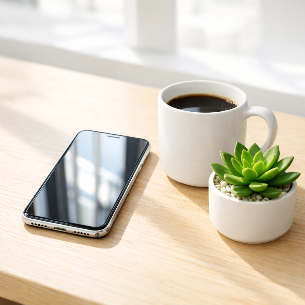 Smartphone on a minimalist desk representing automated online booking and customer communication for local businesses.