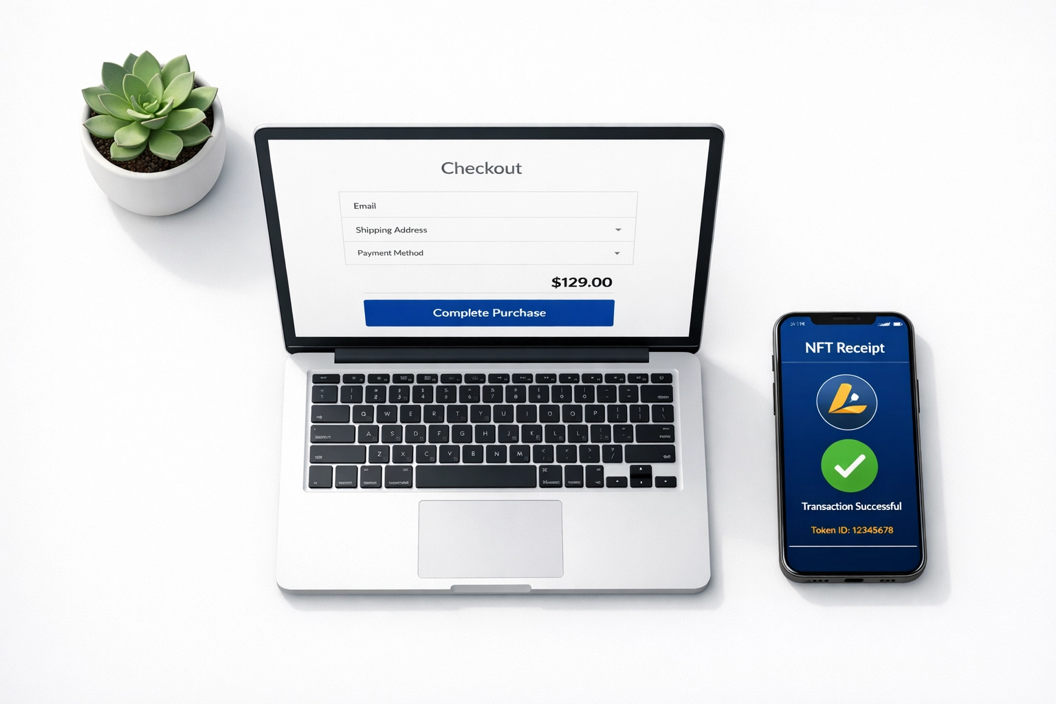 Merchant workspace with crypto payment checkout and NFT receipt interface