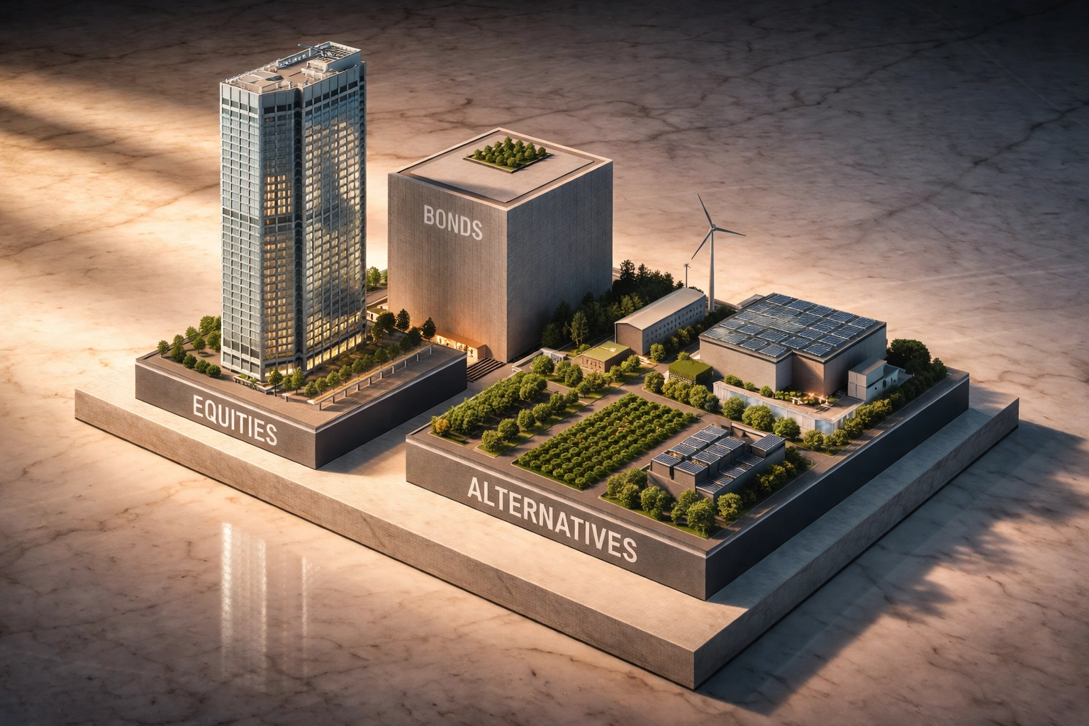 Architectural model of buildings representing equities, bonds, and alternatives, visualizing strategic asset allocation.