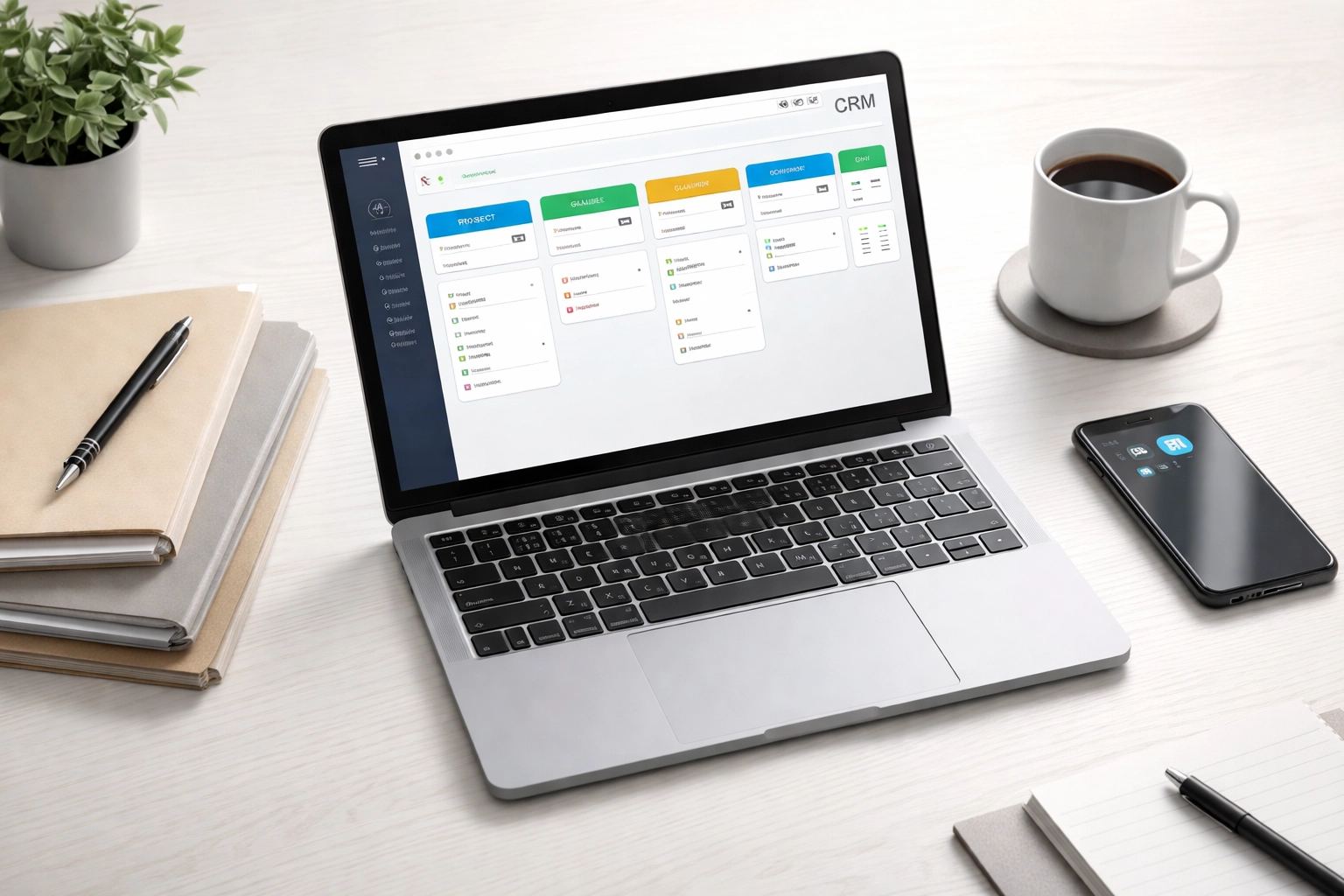Organized office desk with laptop CRM dashboard, smartphone, and folders illustrating contractor workflow