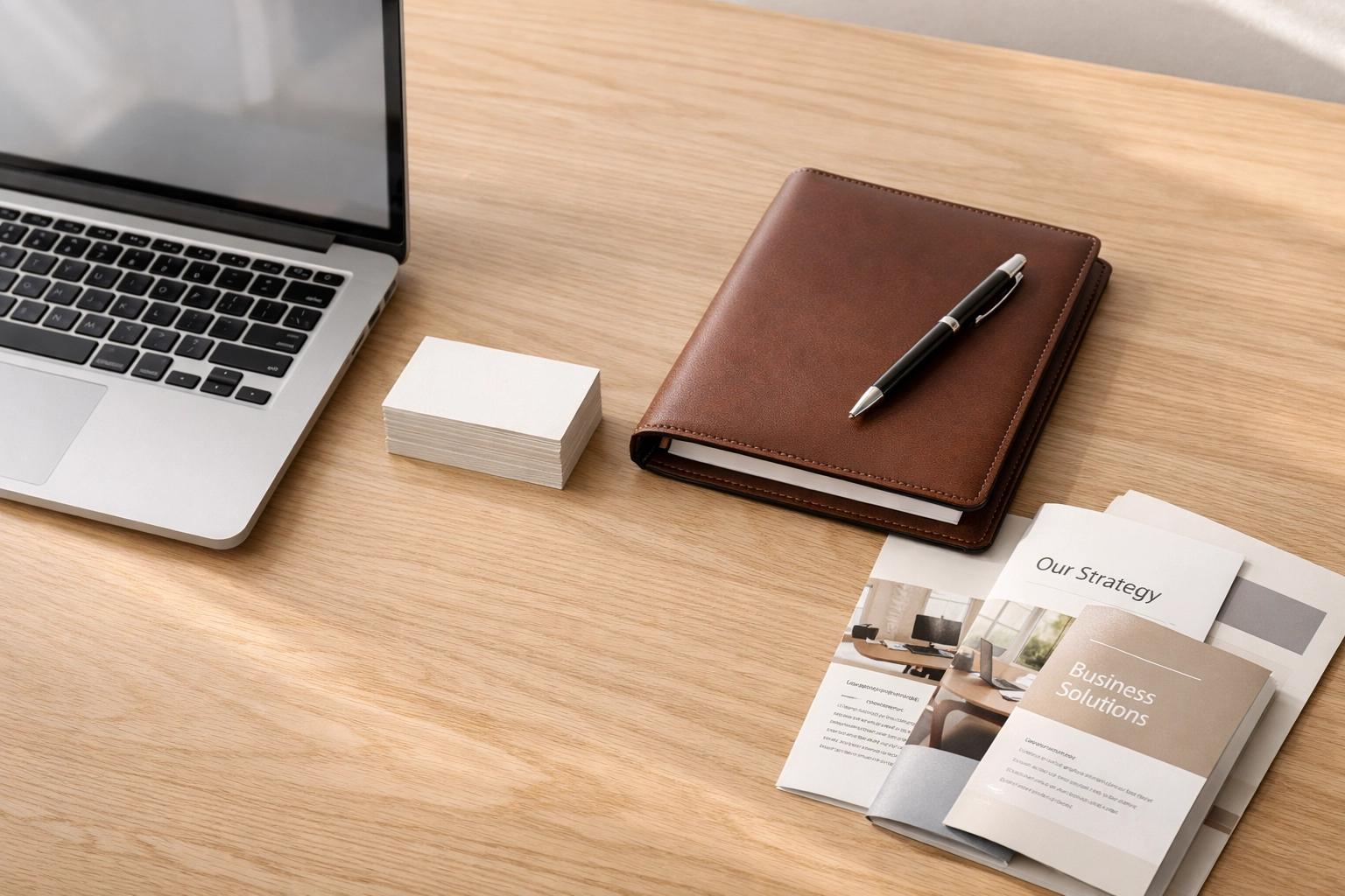 Organized desk with brochures and a bookkeeping ledger for the Small Business Starter Kit.
