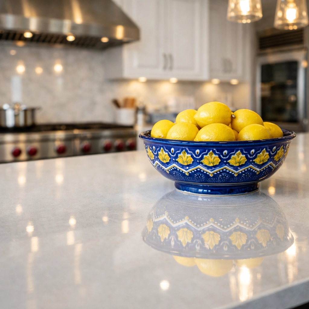 Gleaming white quartz kitchen island highlighting the detail of professional deep cleaning in Westborough.