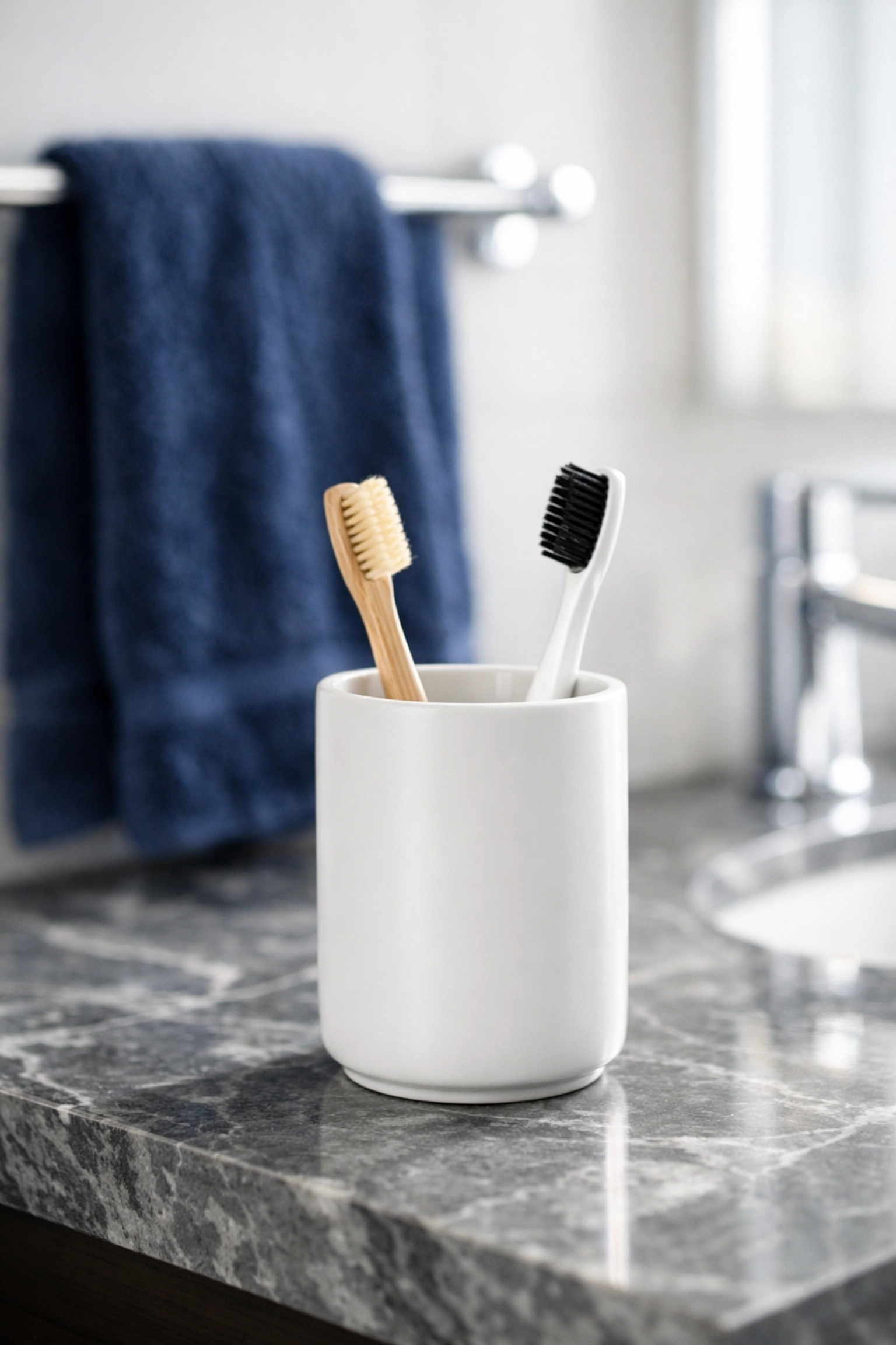 White ceramic toothbrush holder on a marble vanity during a weekly house cleaning session.
