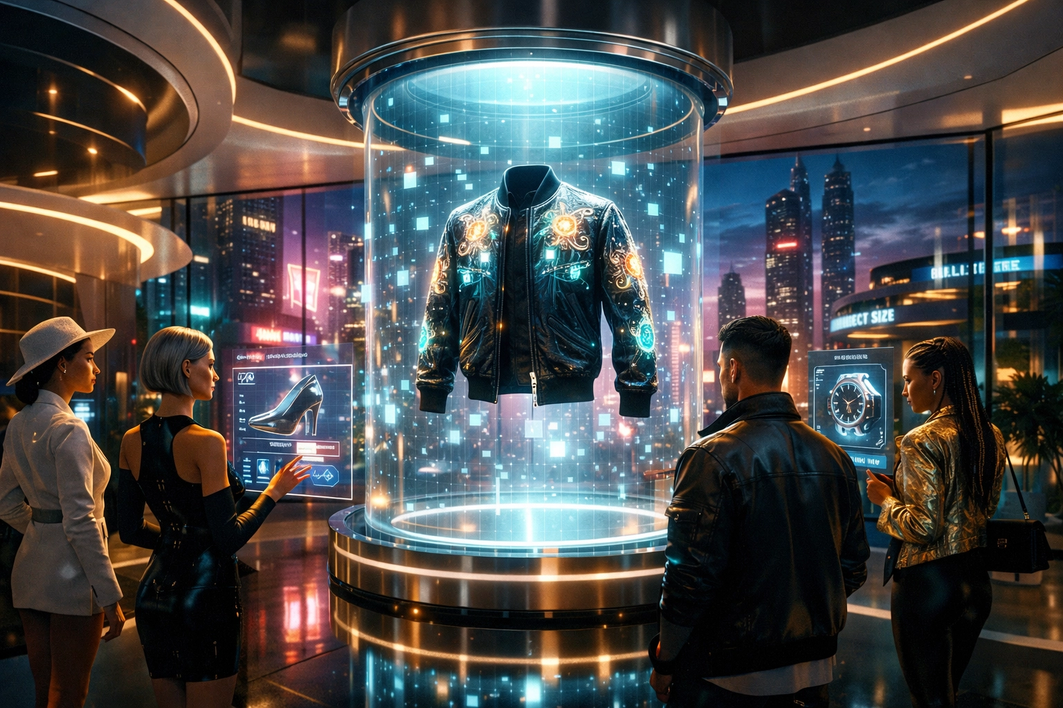 Virtual avatars interacting with 3D clothing in a futuristic metaverse boutique for immersive B2B2C digital shopping.