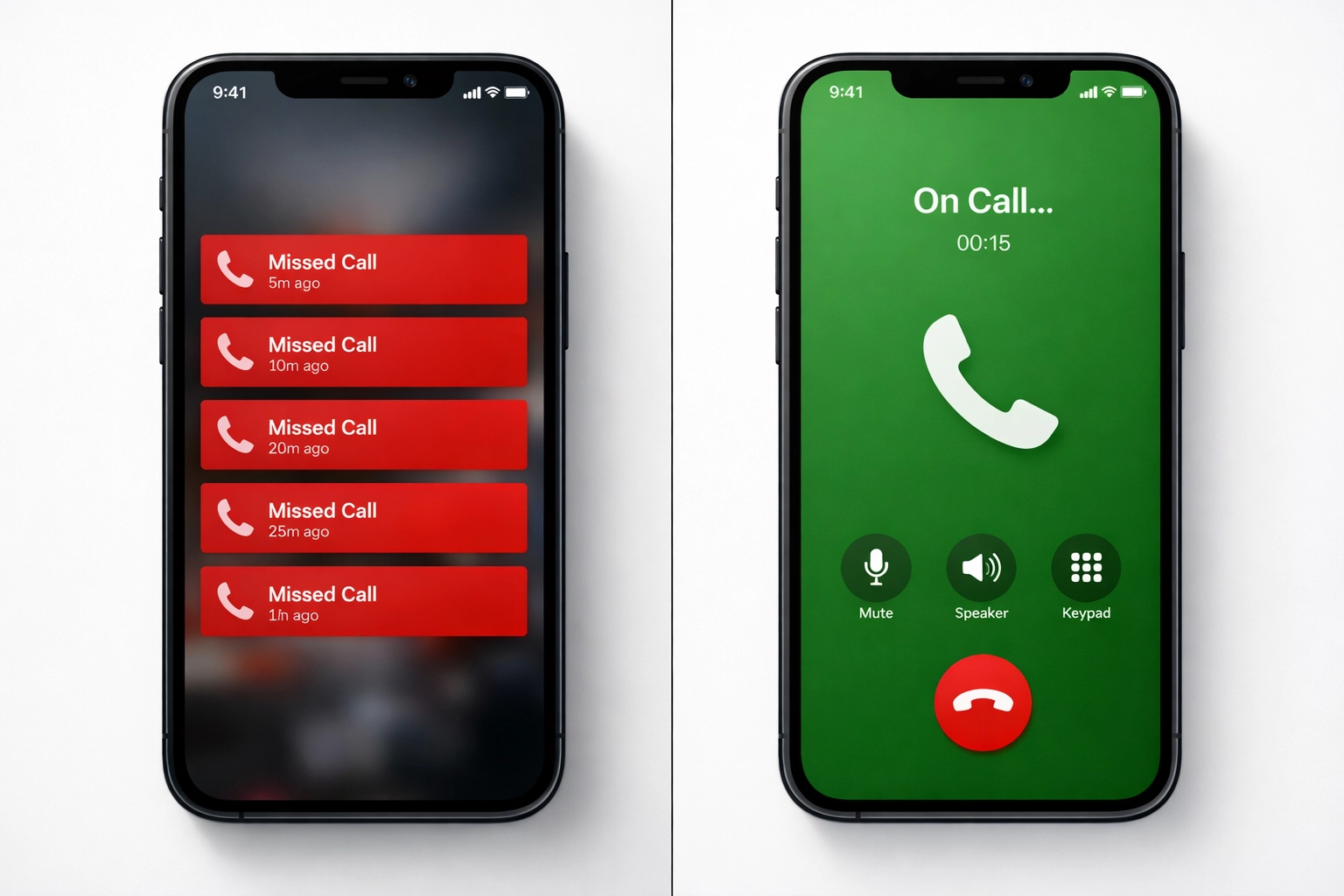 Smartphone comparison showing missed calls versus answered calls for small business