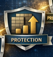 Shield Icon with Gold Arrow and Bar Chart