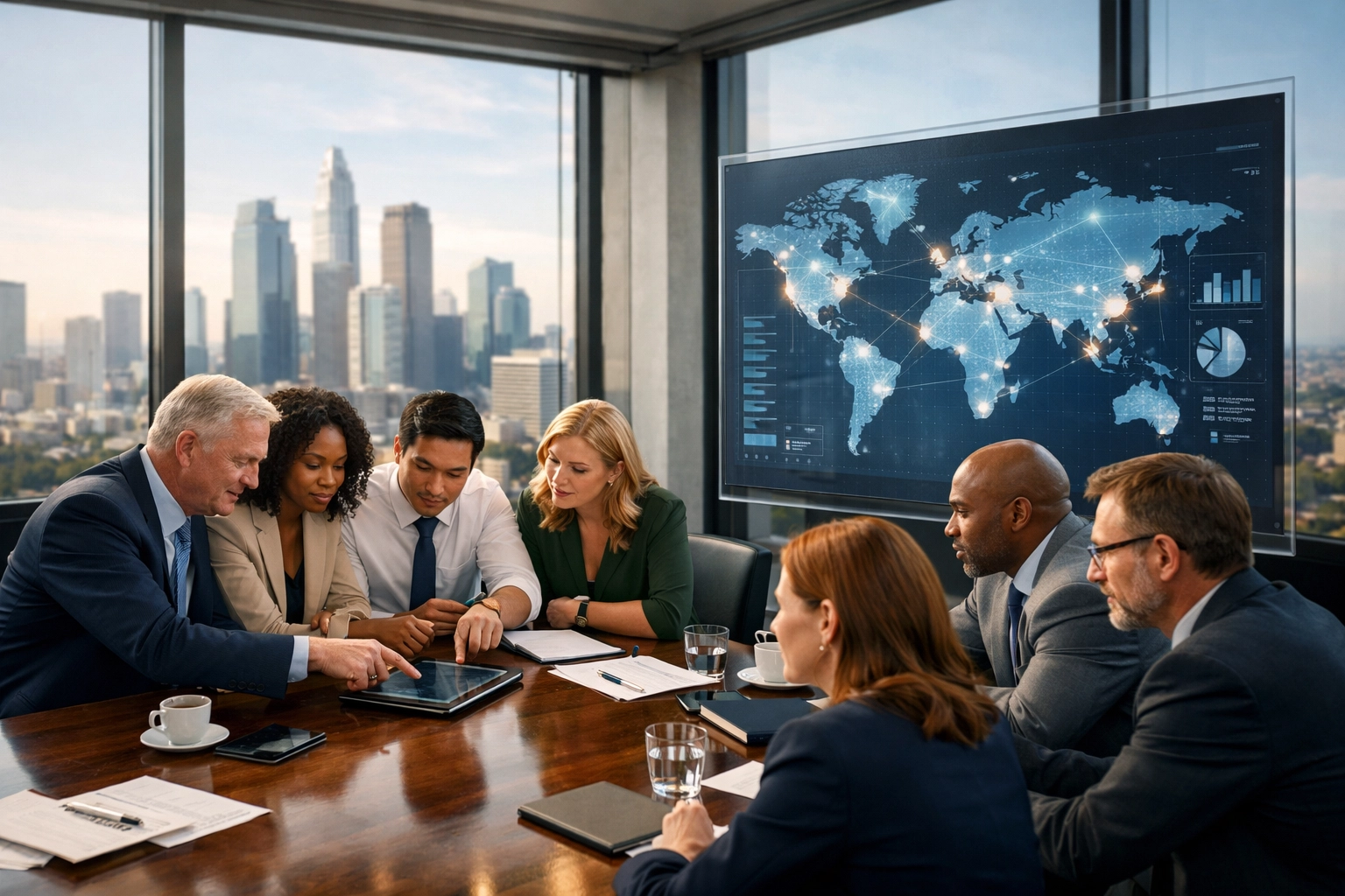 Business executives in a modern boardroom collaborating on a global strategy for strategic market growth.