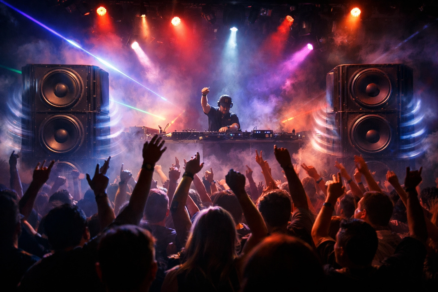 Concert crowd with big bass energy and colorful lights