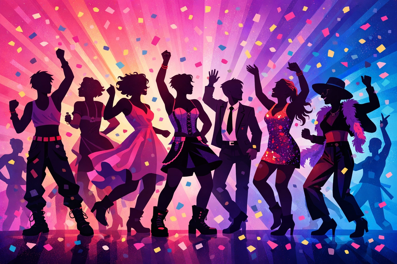 LGBTQ+ youth celebrating freely in gender-fluid outfits dancing with pride flag colors