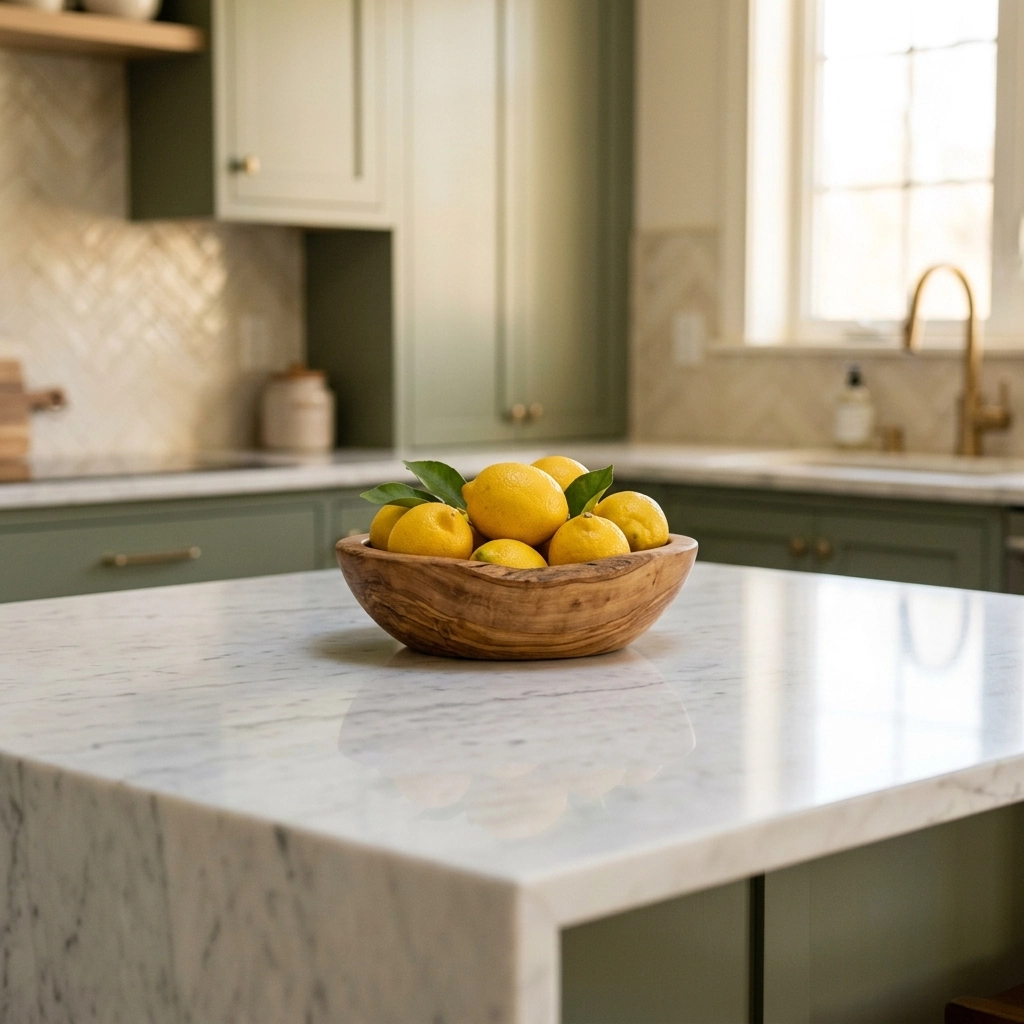 A pristine marble kitchen counter glowing in natural light, showcasing the precision and excellence of a professional clean.