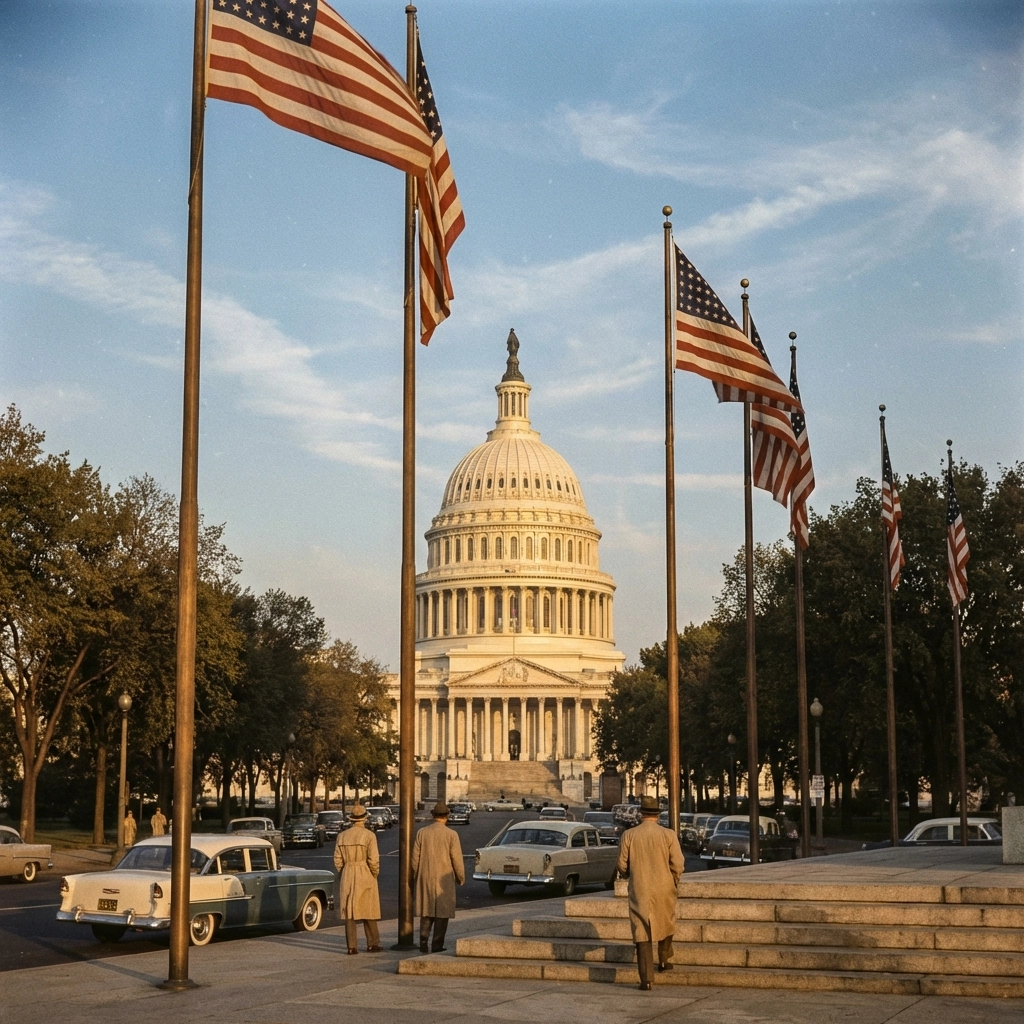 The United States Capitol Building in the 1950s, symbolizing the historic amendment of the Pledge of Allegiance during the Cold War era.
