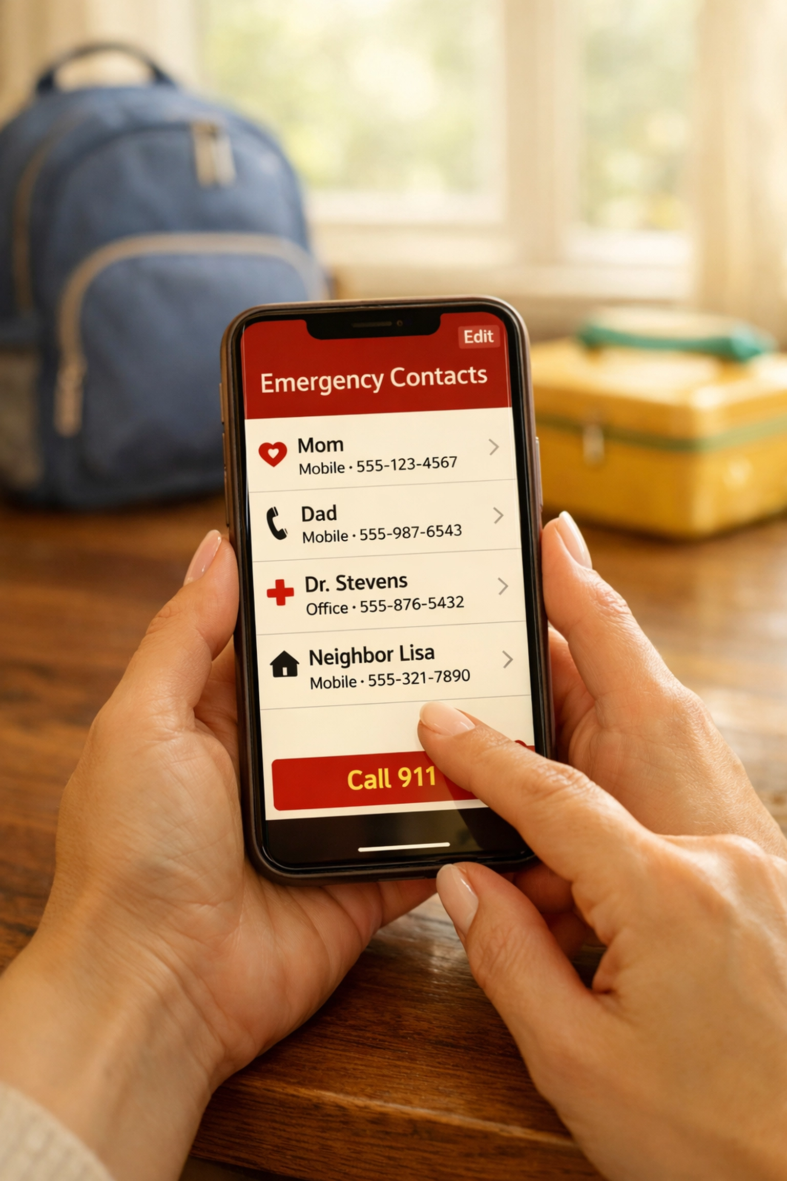 Woman's hands holding smartphone displaying ICE emergency contacts screen at home The Single Mom's 5-Minute Emergency Communication Plan