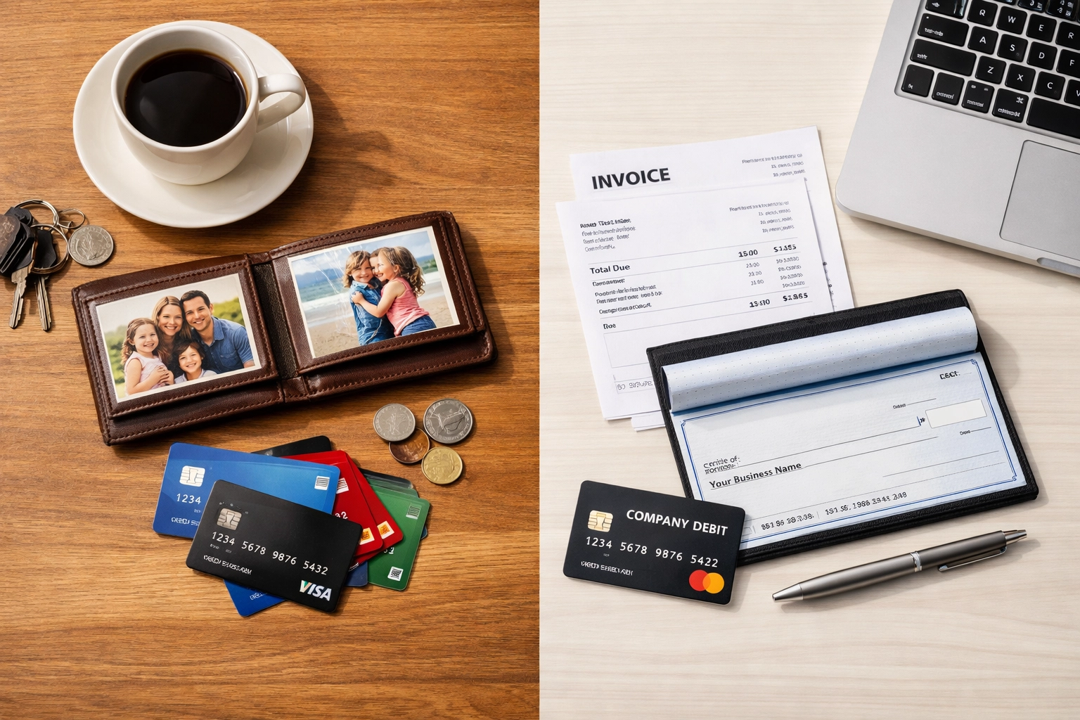 Personal and business expenses separated on desk for proper small business bookkeeping