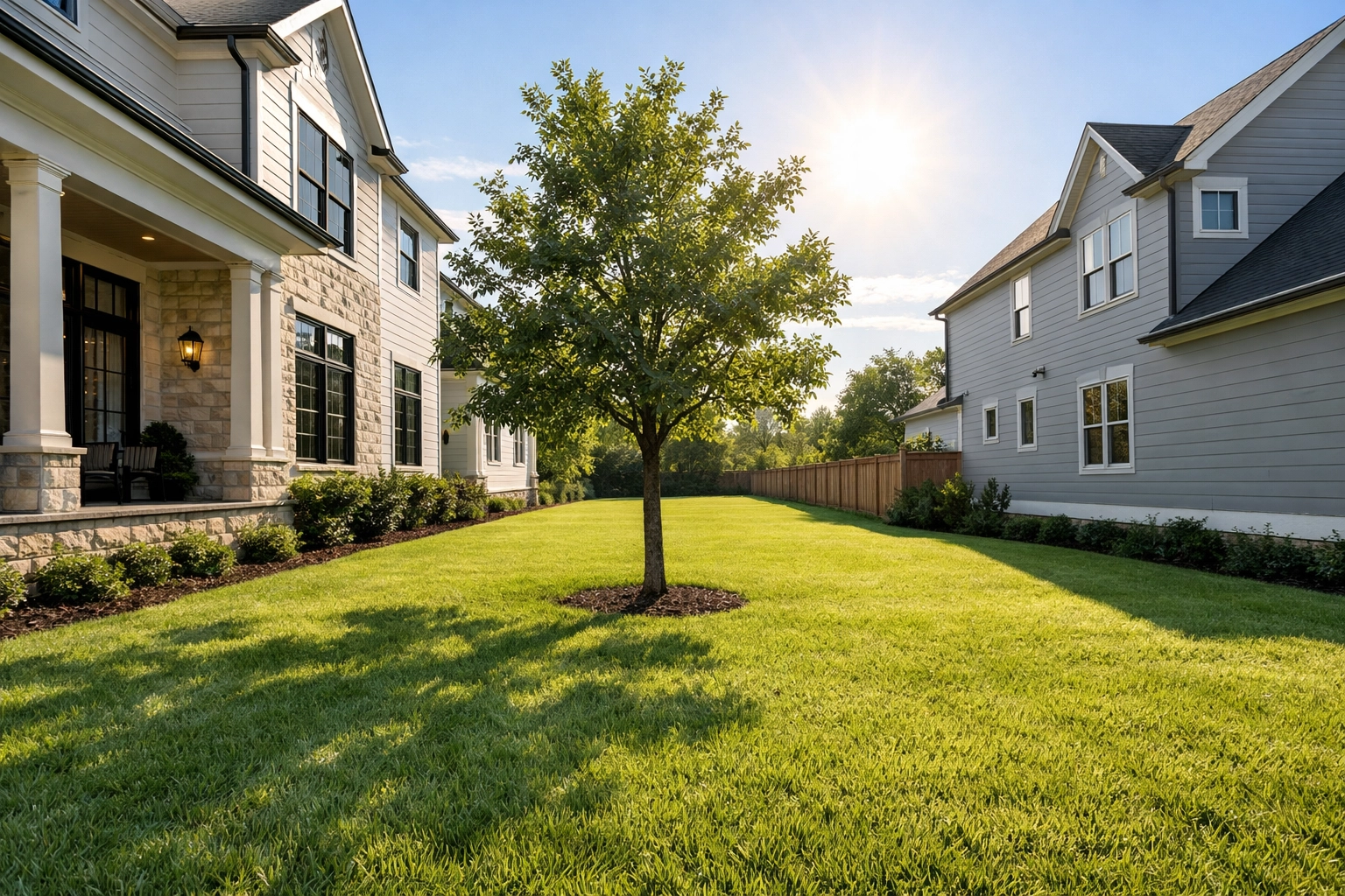 Spacious 50-foot lot and green lawn of a site-built traditional home in Terrell, Texas.