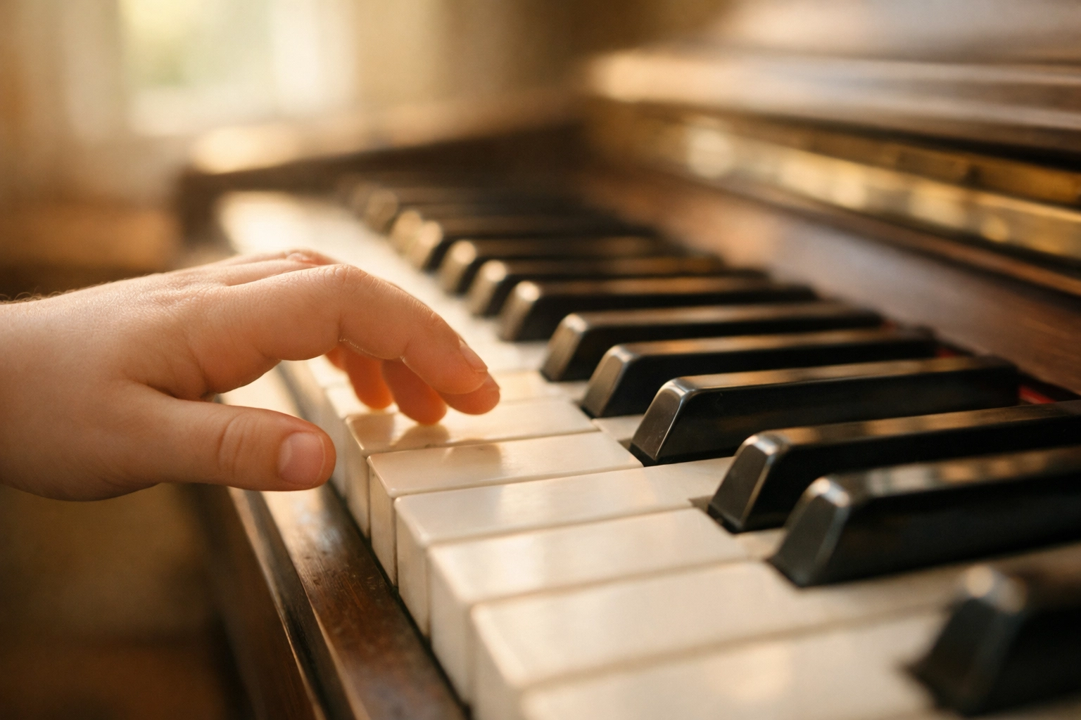 Beginner's hand positioned over Middle C on piano keys during first piano lesson