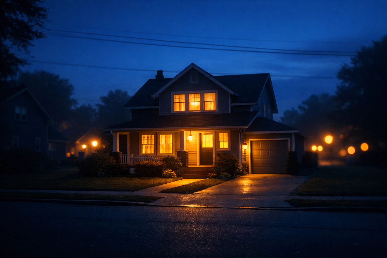 Quiet neighborhood street at dusk with a warmly lit home, reflecting safety and calm amid troubling news