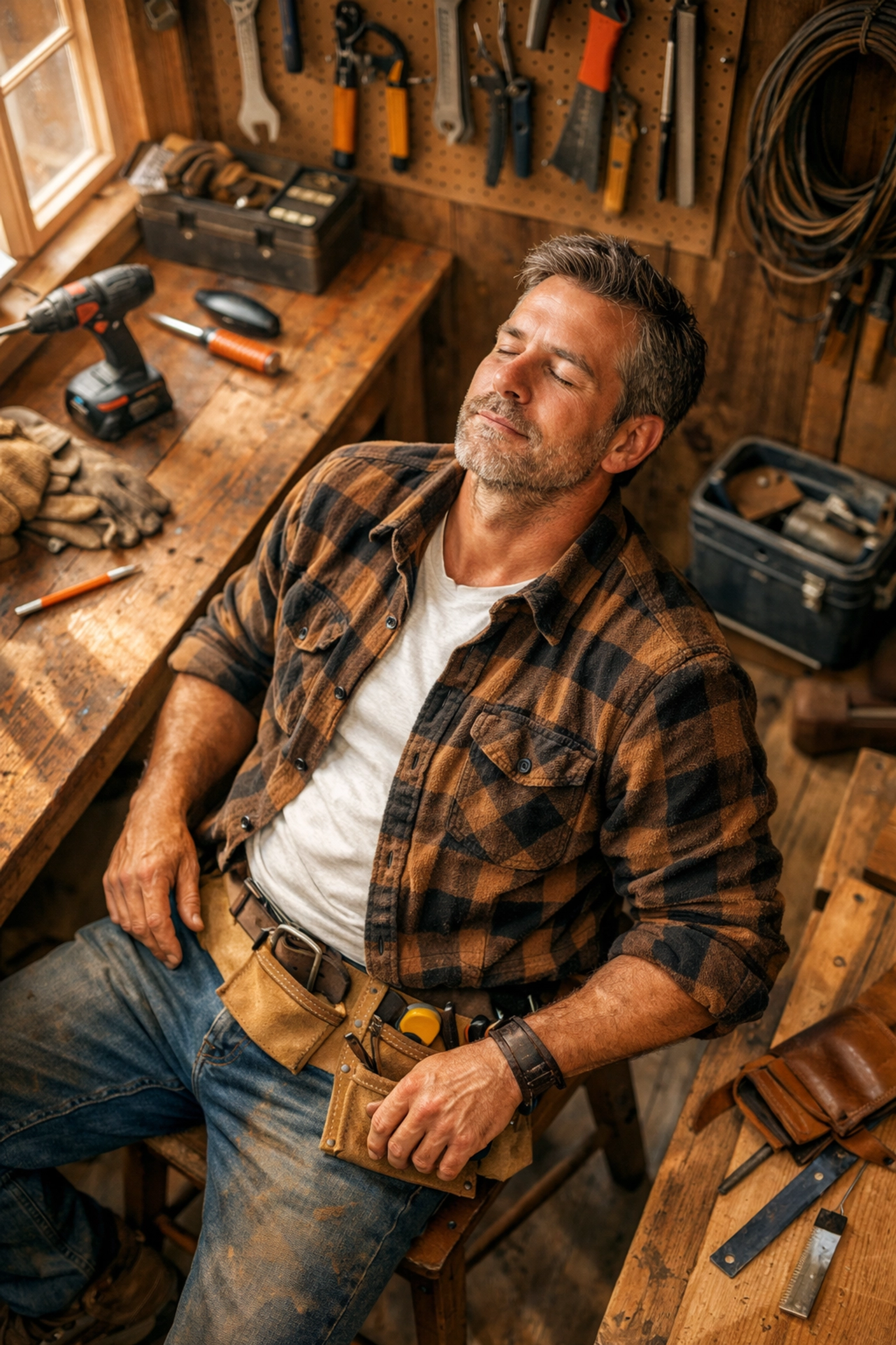 Contractor taking a mindful break to release tension through progressive muscle relaxation