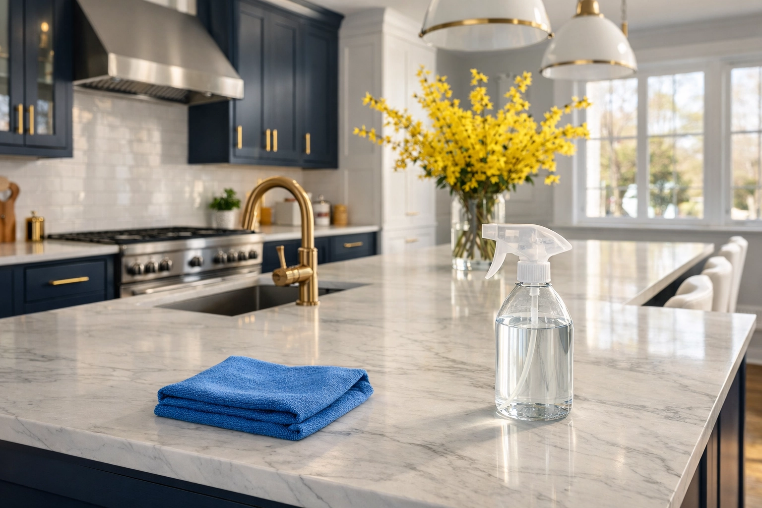 Professional cleaners MA spring cleaning in a modern kitchen with blue cabinets and marble counters.