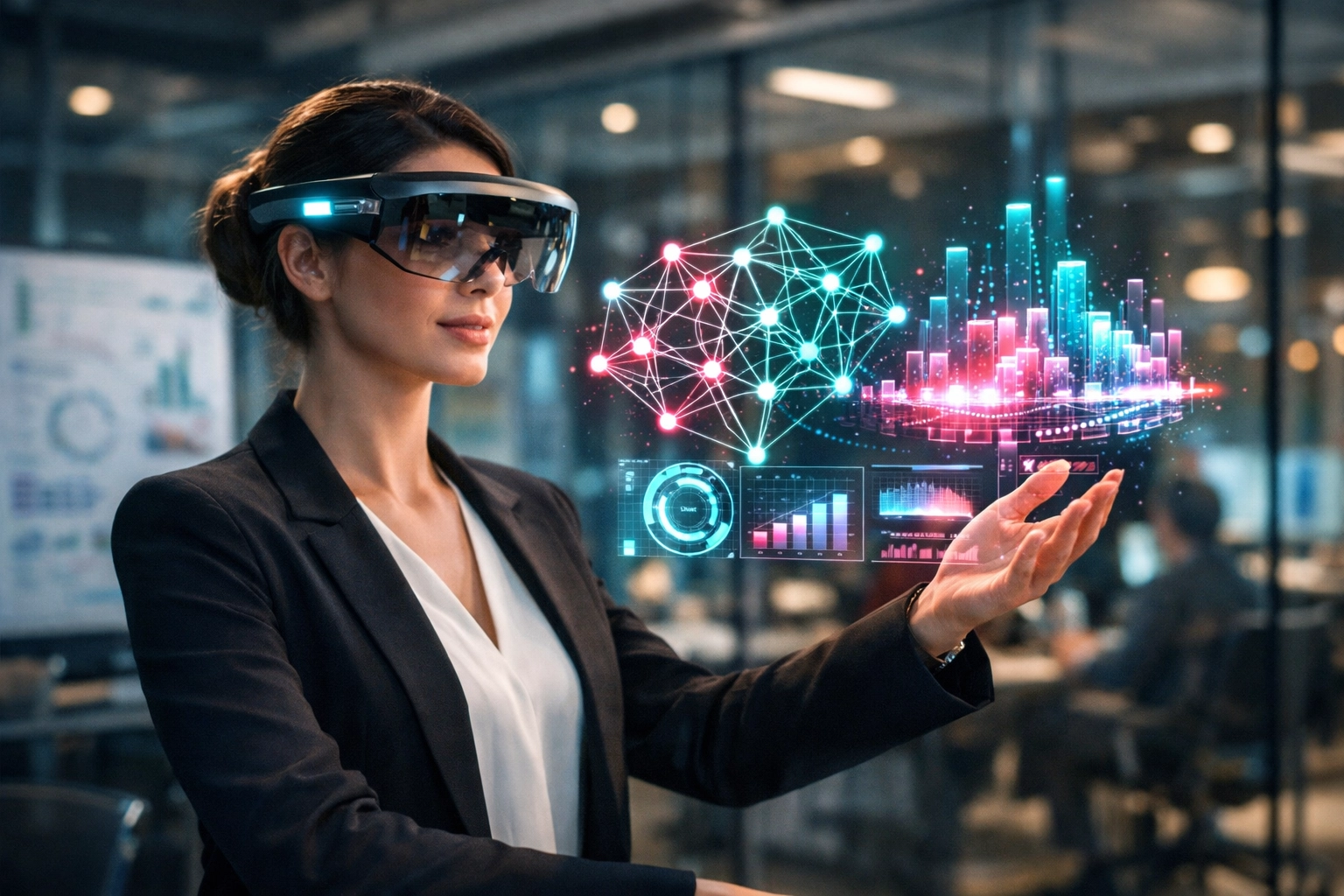 Executive using an AR headset to engage in a virtual reality MBA networking and simulation session.