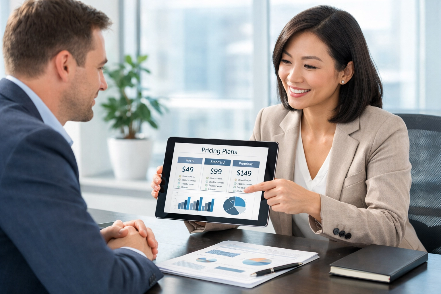 Business consultation meeting discussing EPOS system pricing and contract terms