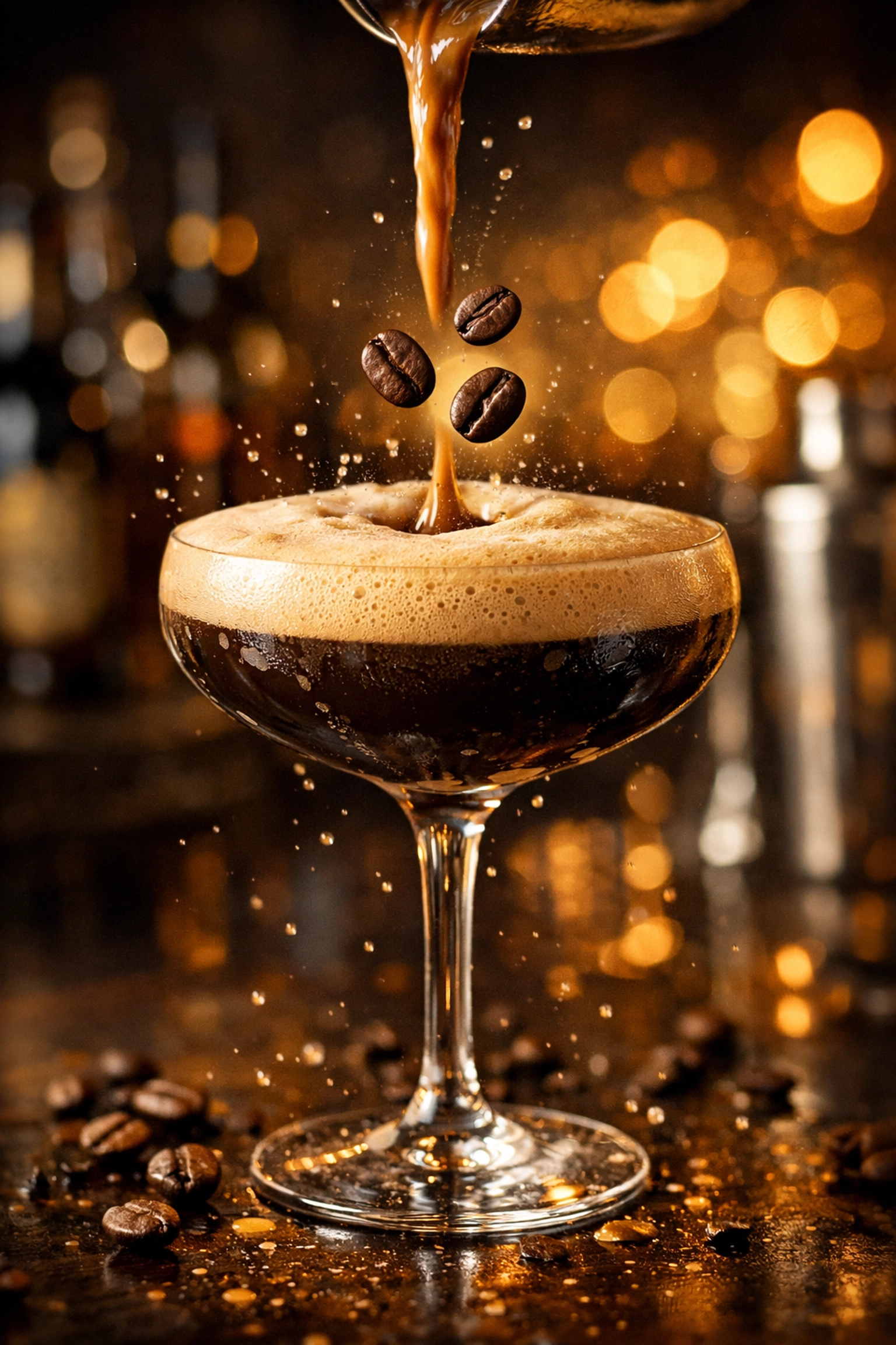 A freshly poured Espresso Martini with thick crema foam and coffee bean garnish in a coupe glass.