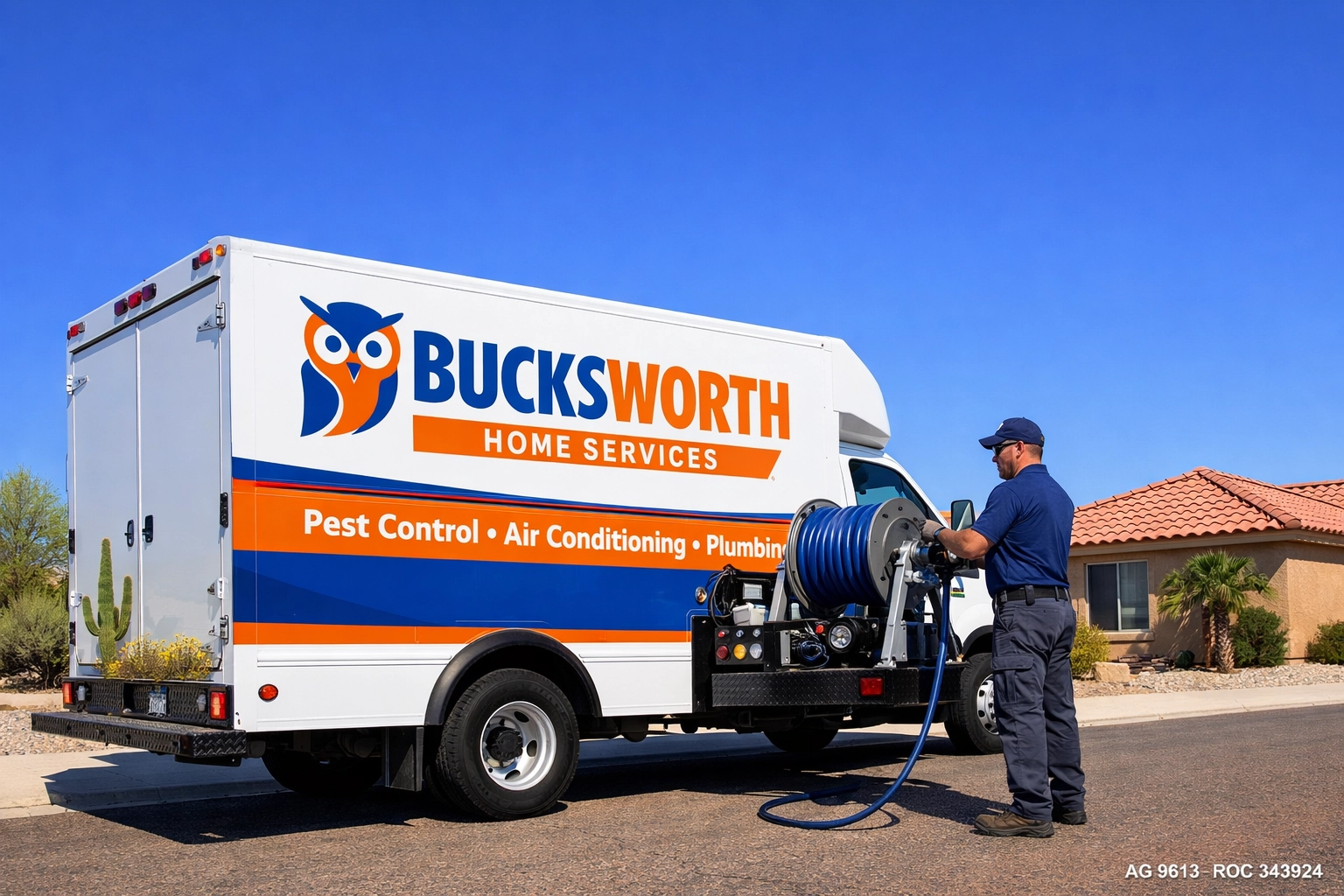 Bucksworth plumbing service truck on-site in Gilbert, AZ, ready to perform professional hydro-jetting on a clogged drain.