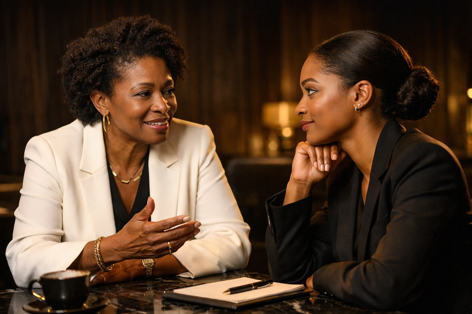 Black woman executive provides leadership mentoring and business development guidance to a rising professional.