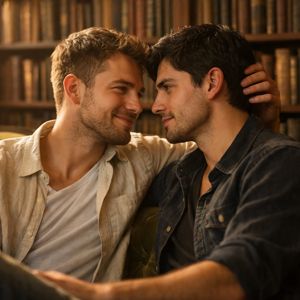 Two men sharing an intimate look in a library, illustrating the queer gaze in authentic gay fiction.