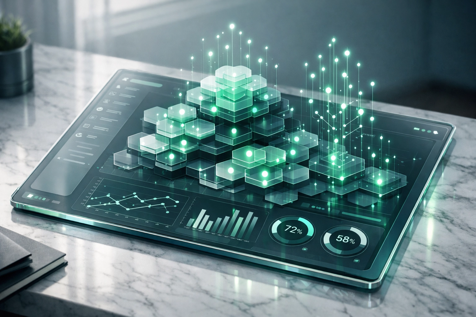 Modern analytics dashboard featuring AI data clustering and topical maps for search engine optimization.