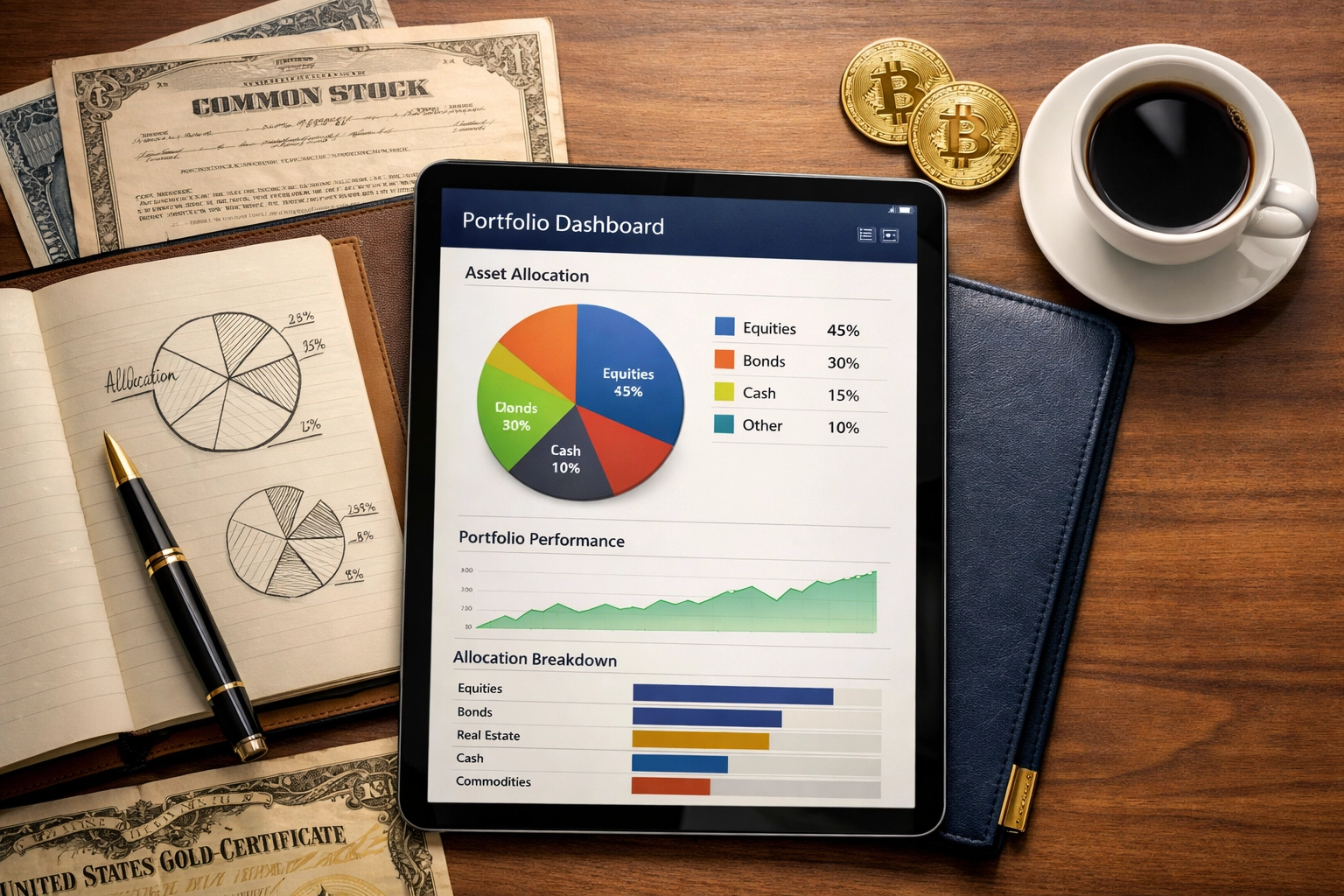 Institutional portfolio dashboard displaying Bitcoin and private equity allocation strategy