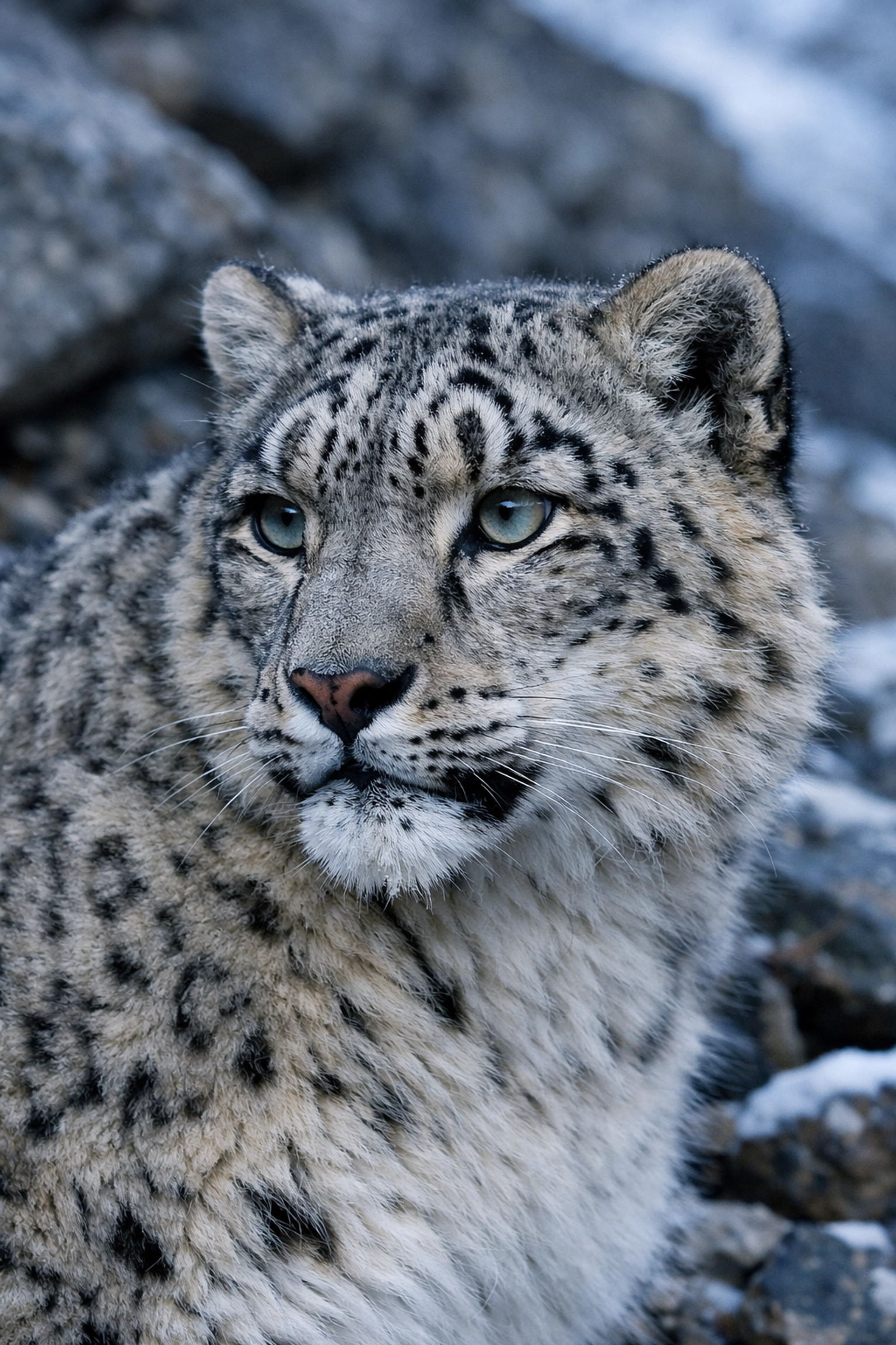 Authentic snow leopard portrait in a rocky habitat, illustrating professional wildlife photography.