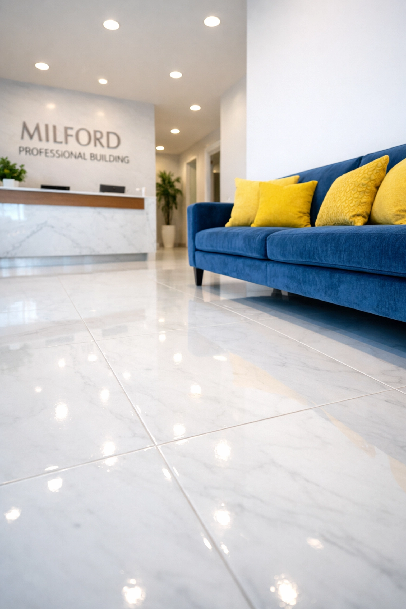 Spotless modern office reception area in Milford showing pristine marble floors and professional cleaning results.