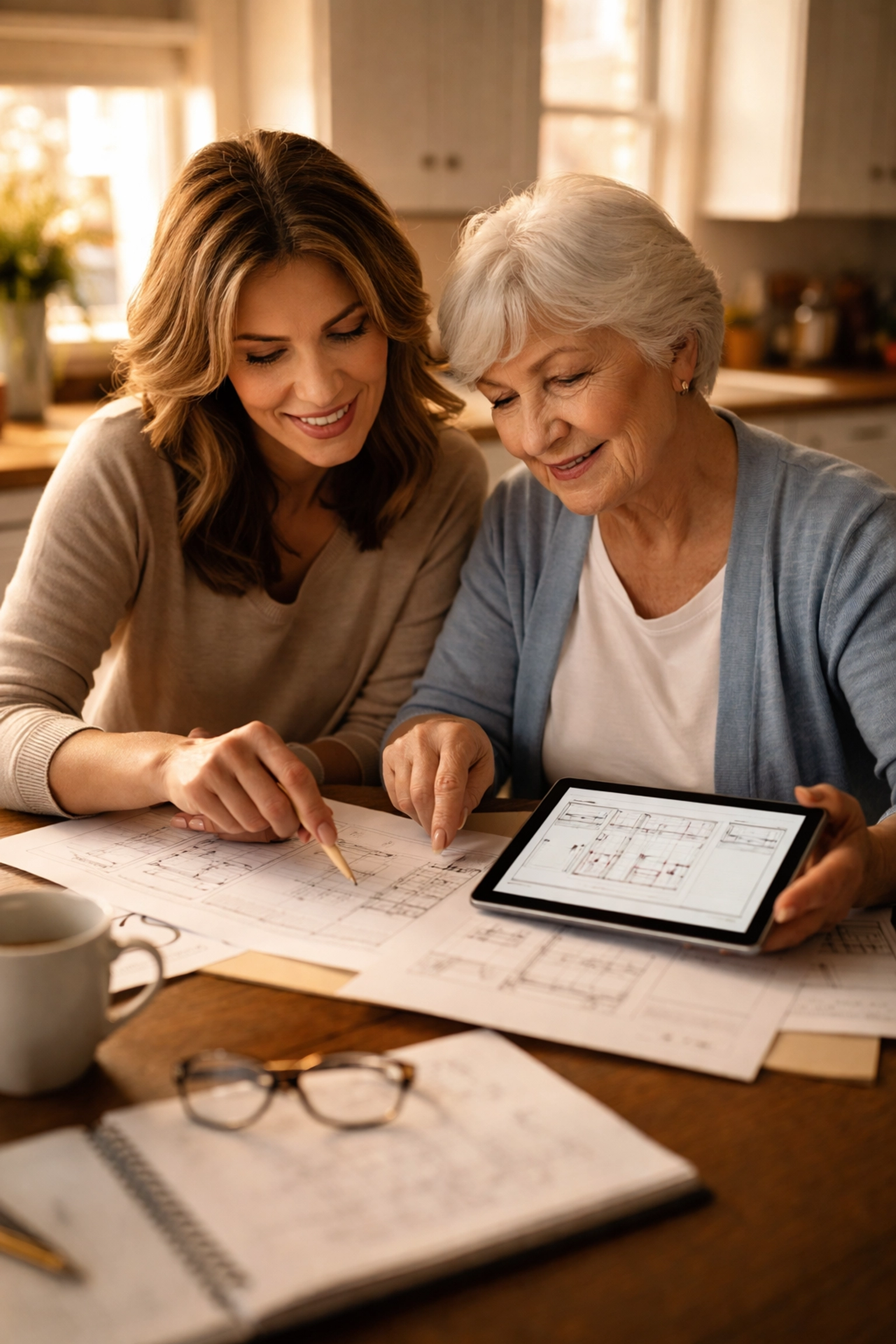 Adult daughter and senior mother planning assisted living move at a kitchen table in a Central Ohio home.