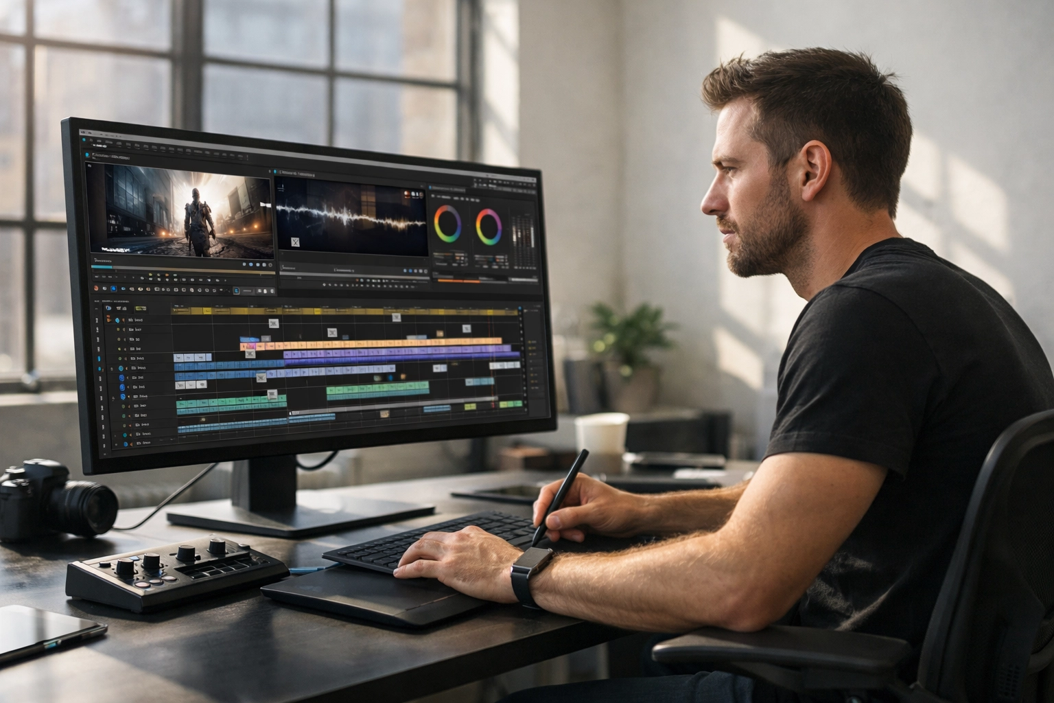 Professional video editor at a workstation reflecting the shift in OpenAI Sora content creation.