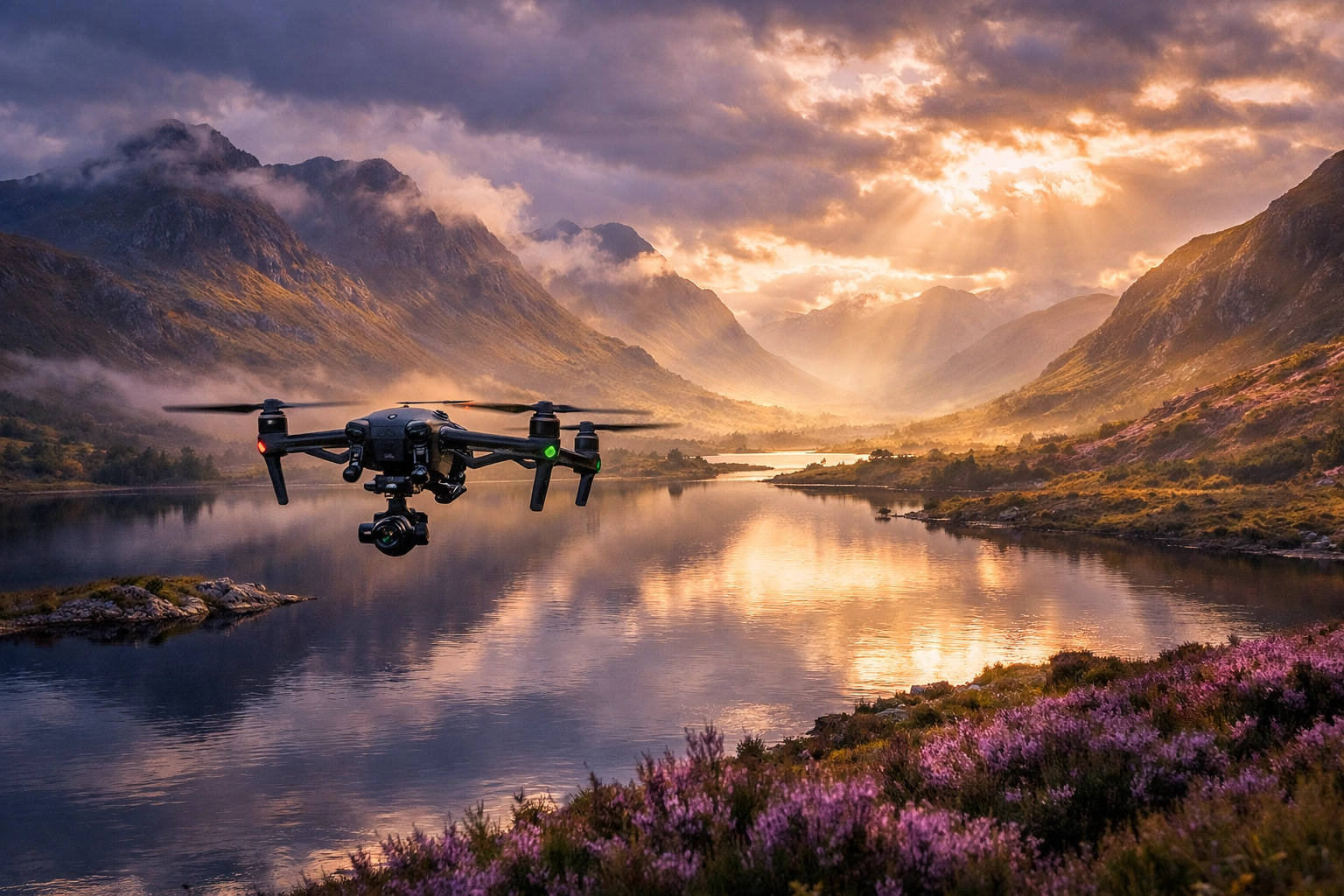 Professional drone ashes scattering service over a tranquil loch and mountain peaks in the Scottish Highlands.