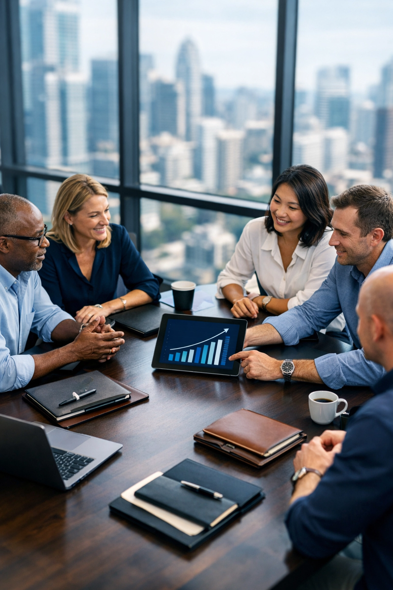 Executive team in a corporate boardroom planning a global marketing strategy for brand reach.