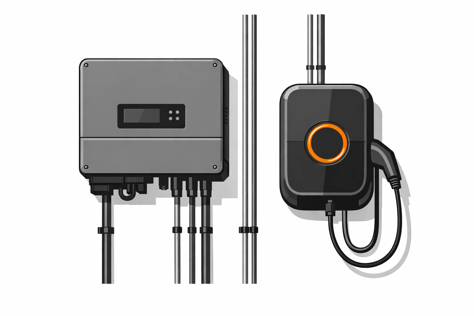 Hybrid-Wechselrichter und Wallbox für intelligentes Laden von E-Autos mit eigenem Solarstrom.