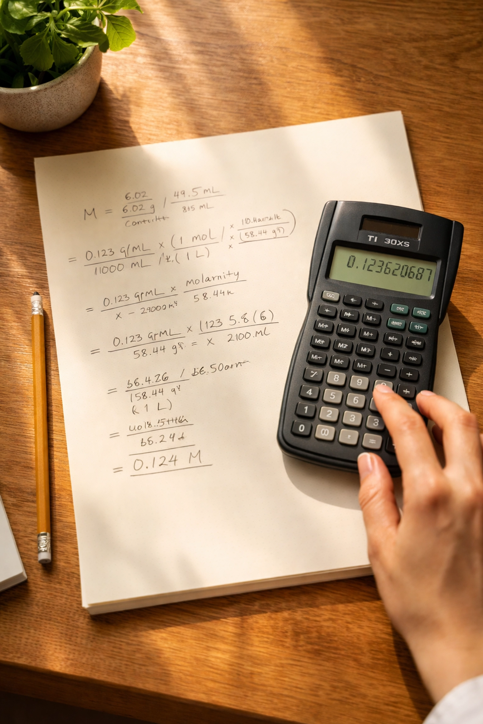 Student using calculator for clear, step-by-step A Level Chemistry calculations on a bright desk