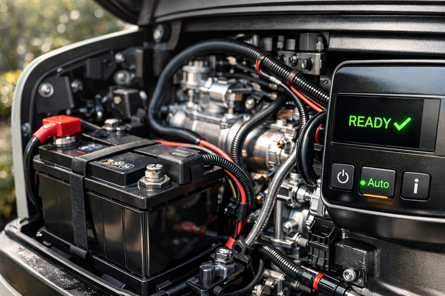 Detailed view of standby generator internal components and battery for professional maintenance.