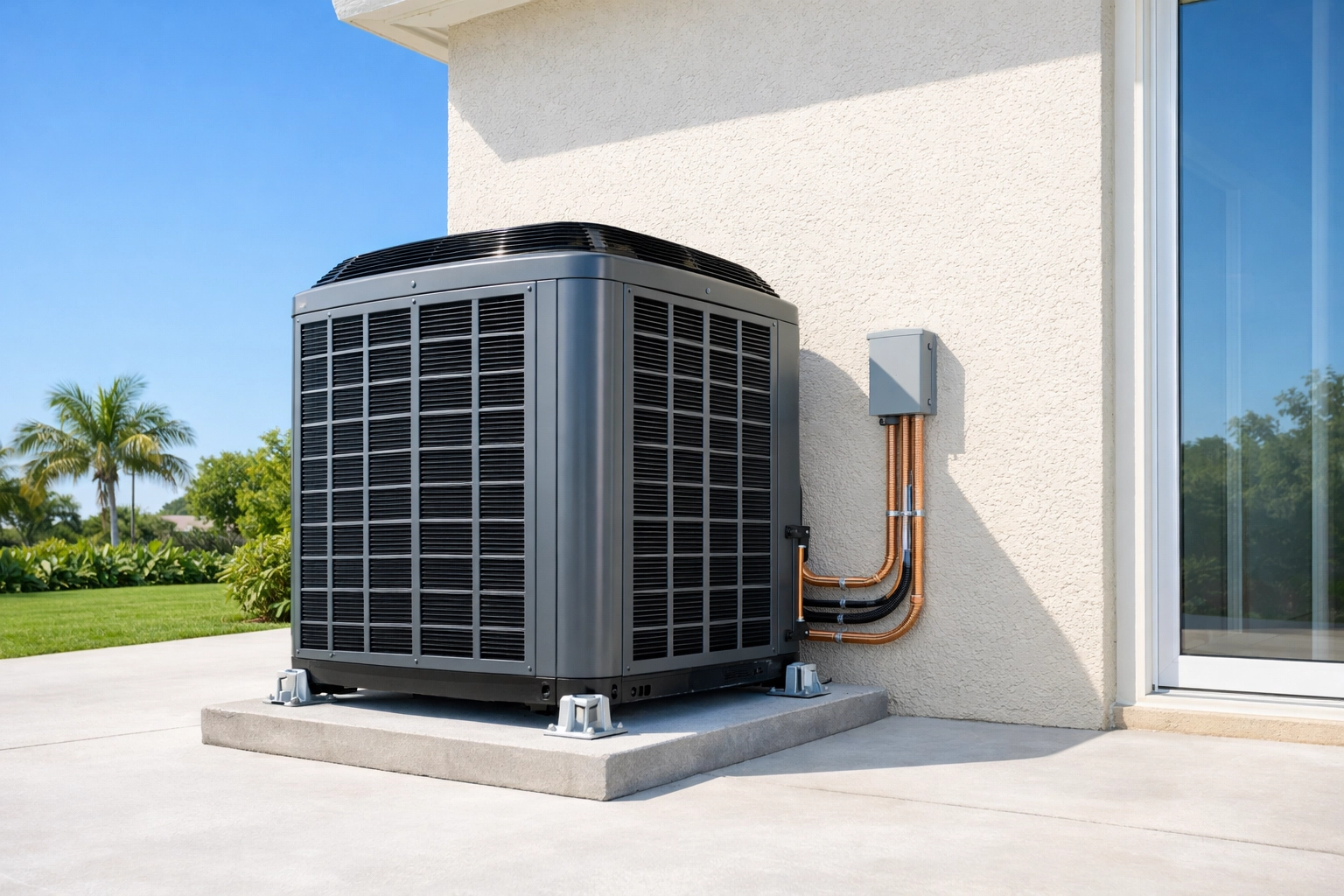 Professional AC installation in Florida featuring a high-efficiency unit with hurricane tie-downs.