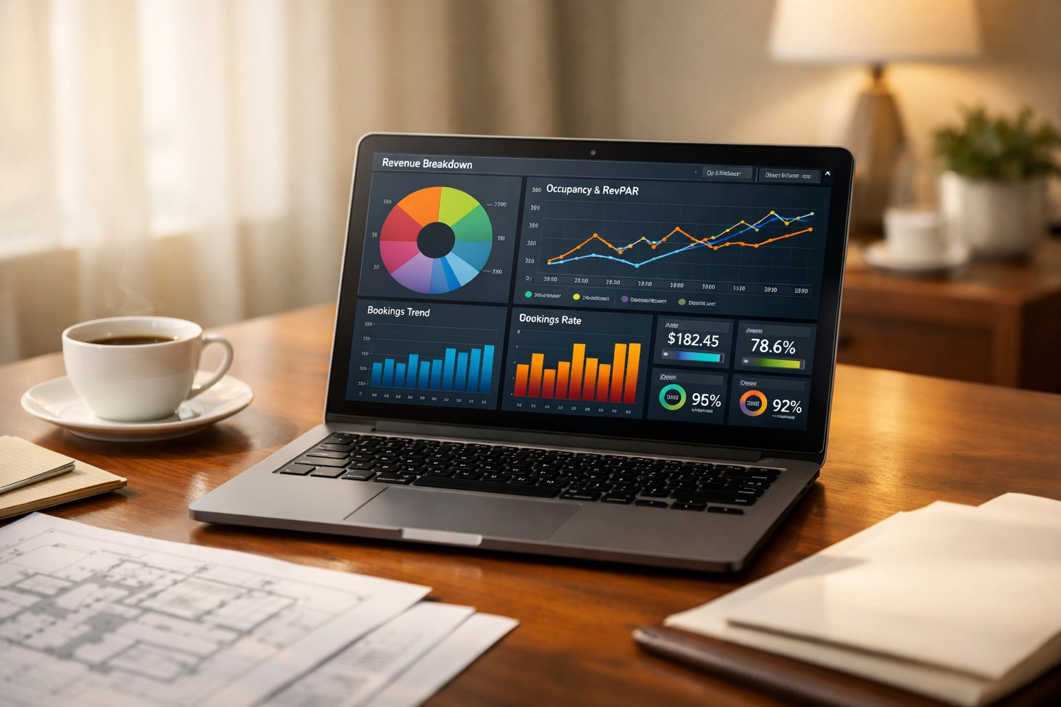 Hotel management dashboard showing real-time analytics and reporting data