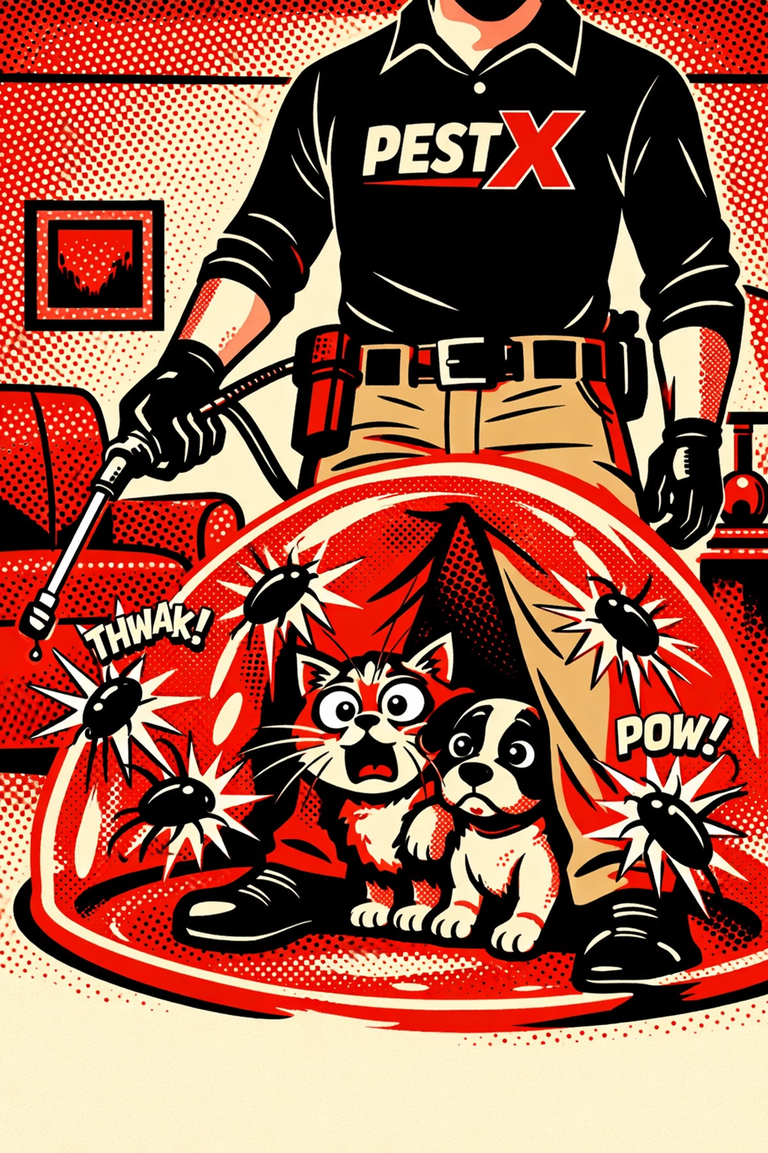 Pet-friendly pest control technician protecting a cat and dog from insects in a Birmingham home.