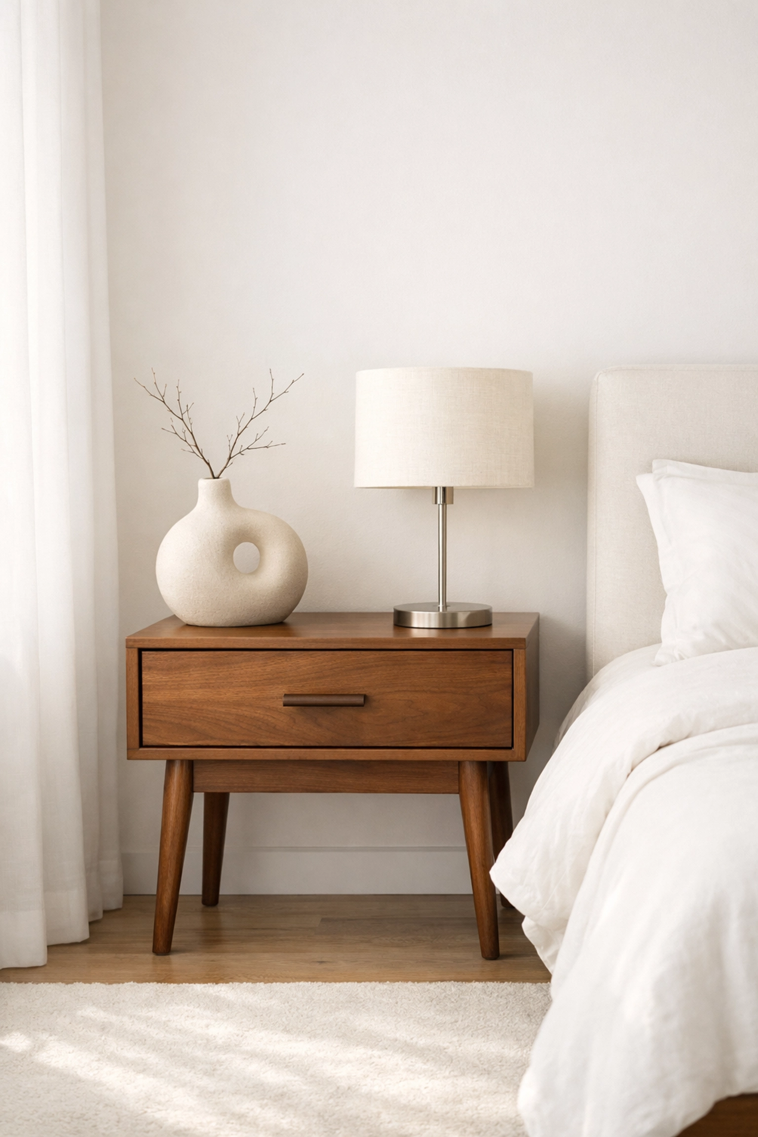 Mid-century modern walnut nightstand with tapered legs in a bright master bedroom decor.