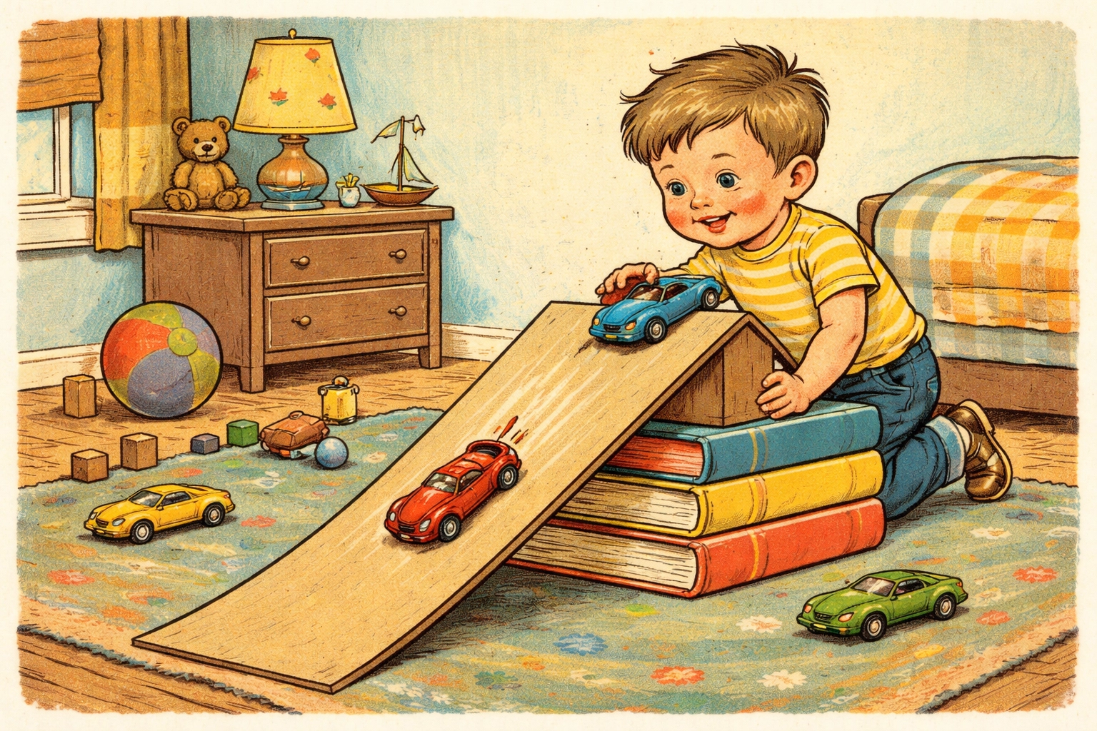 Blue toy car racing down a cardboard ramp set on a stack of books in a cozy bedroom, showing creative track building.