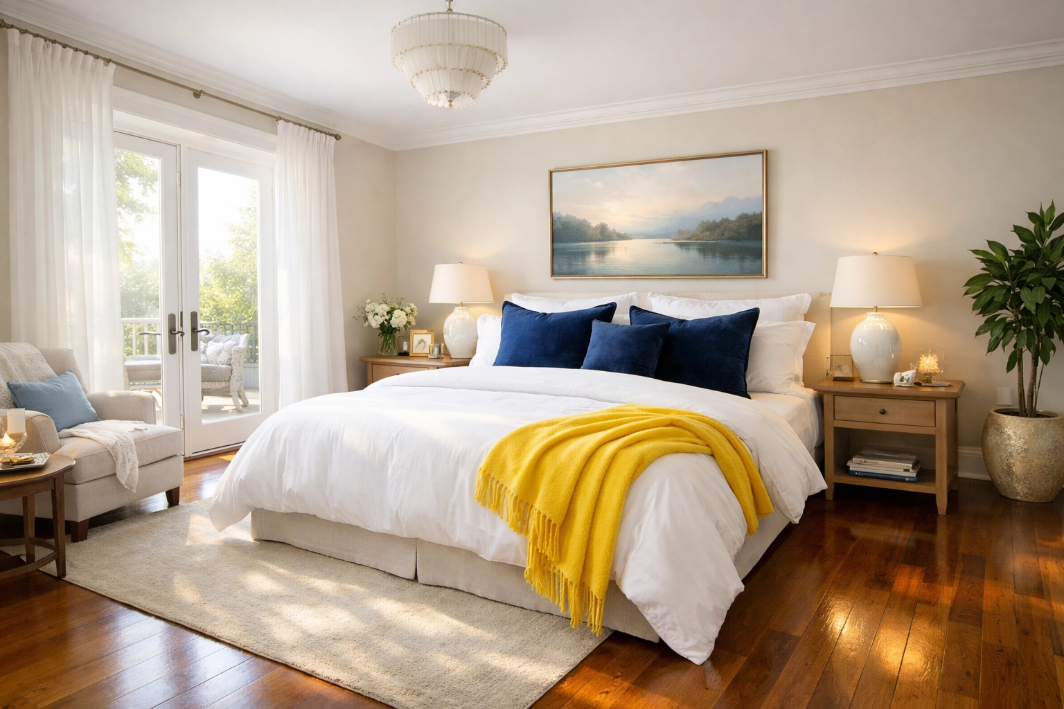 Clean and serene luxury bedroom with navy blue and yellow decor providing a sense of calm and order.