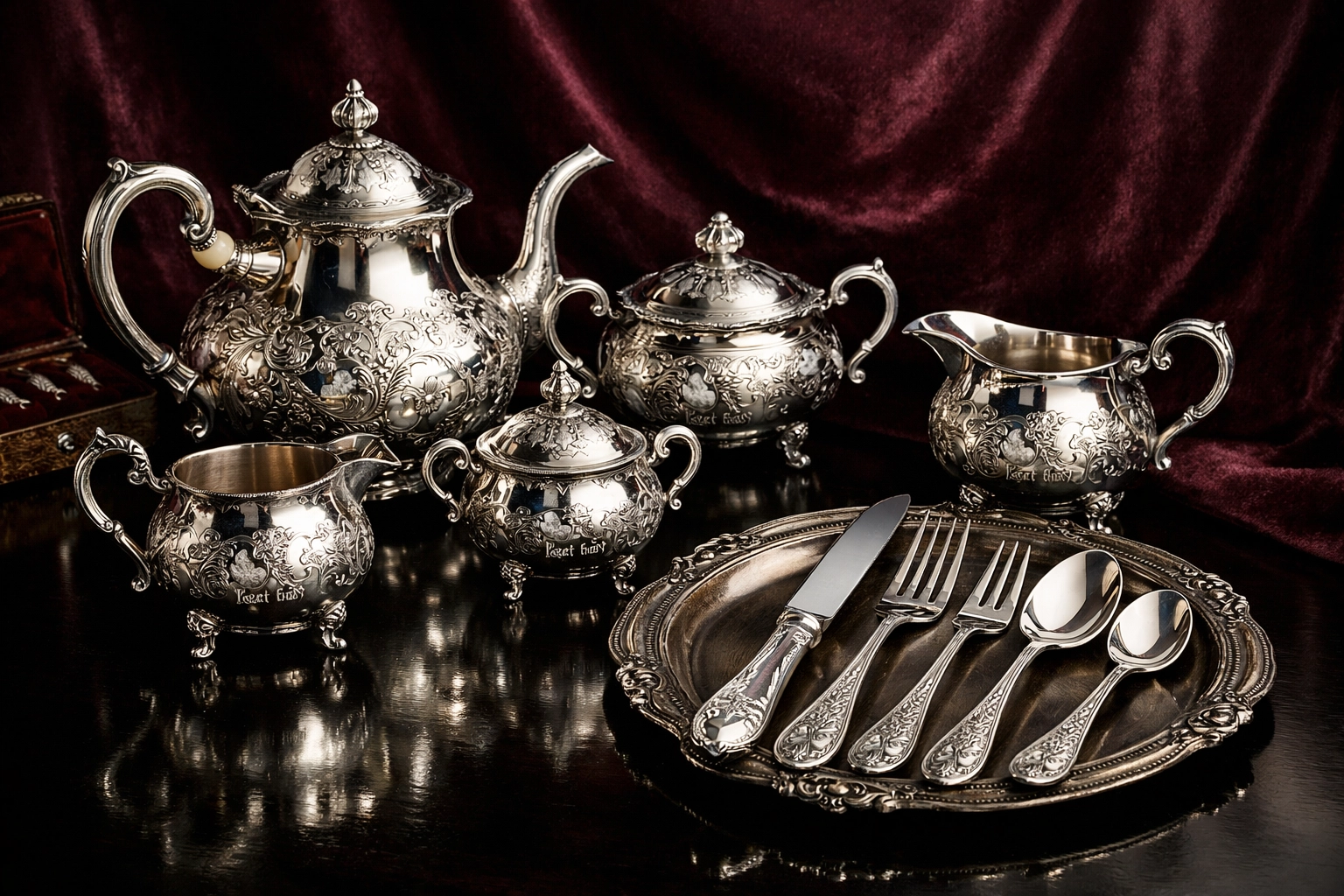 Ornate antique sterling silver tea service and flatware in our Knoxville TN collection.